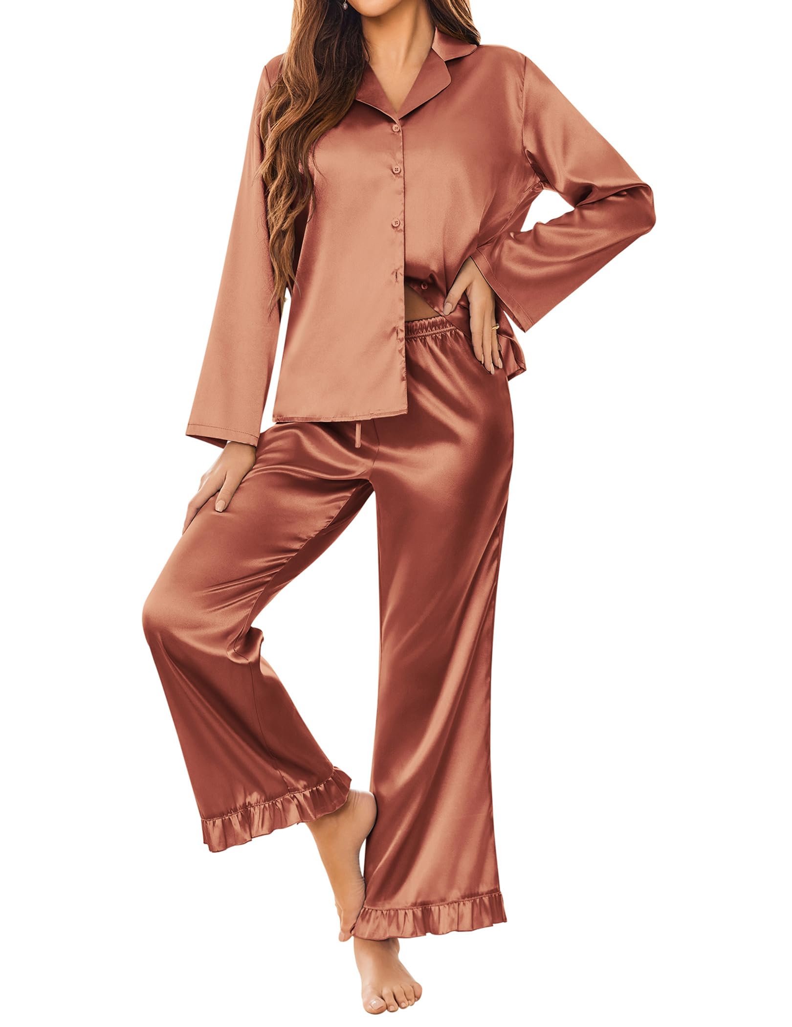 Ekouaer Satin Pajama Set for Women Long Button Down Silk Pj with Ruffle
