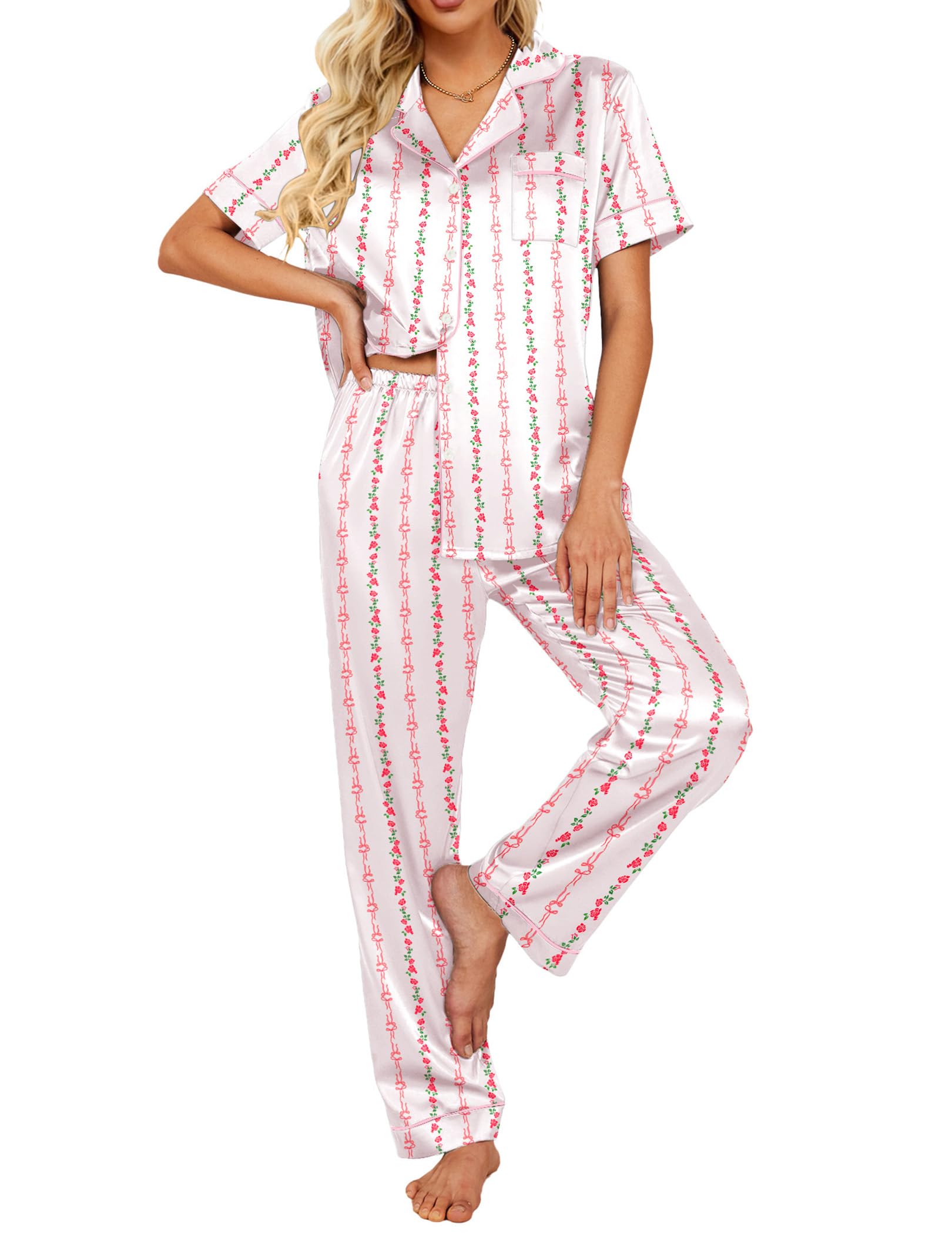 Ekouaer 2 Piece Satin Short Sleeve Pajamas Set Button Down Sleepwear