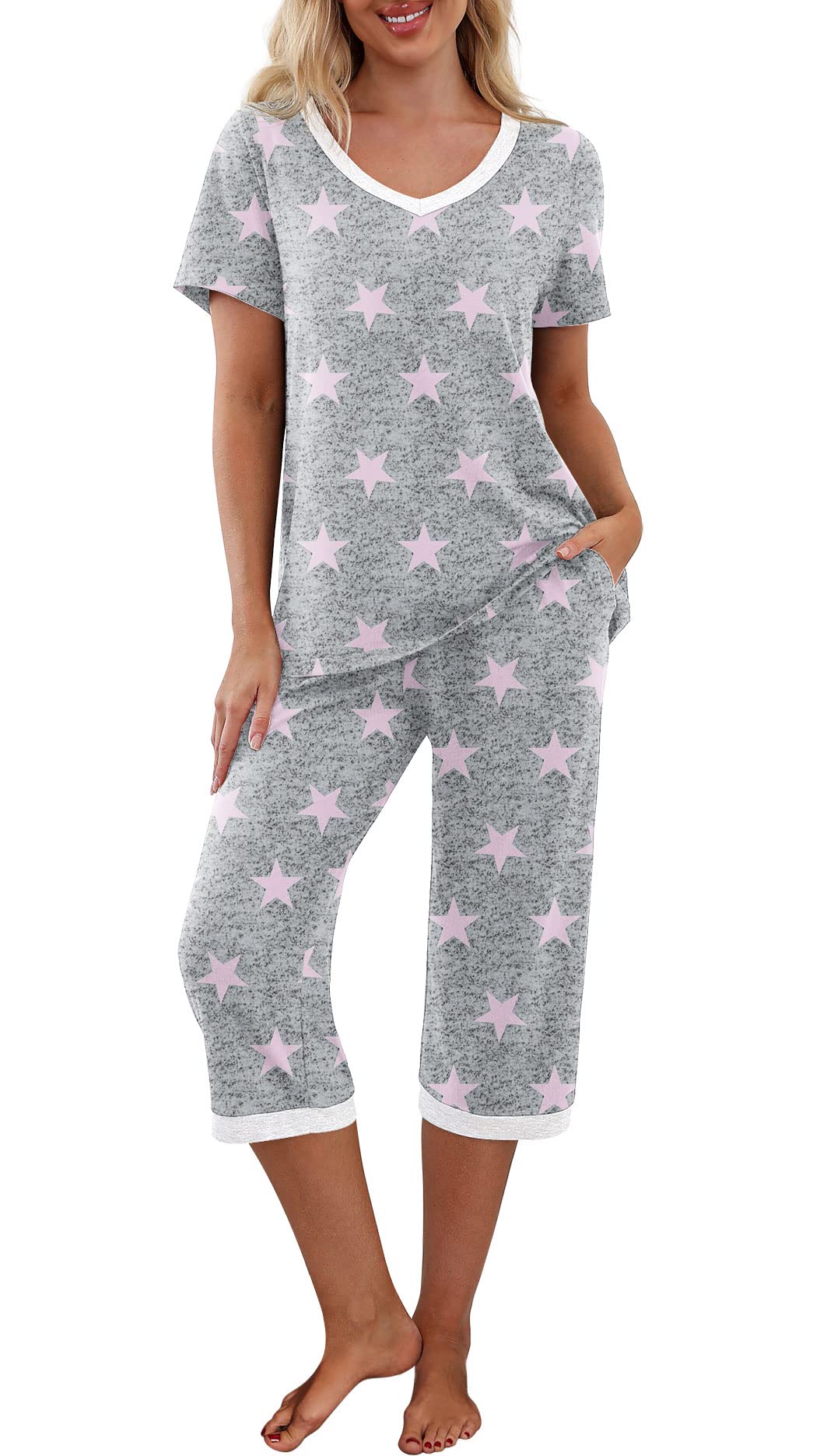 PrinStory Womens Pajama Sets Capri Pjs Soft Lounge Sets S-4XL