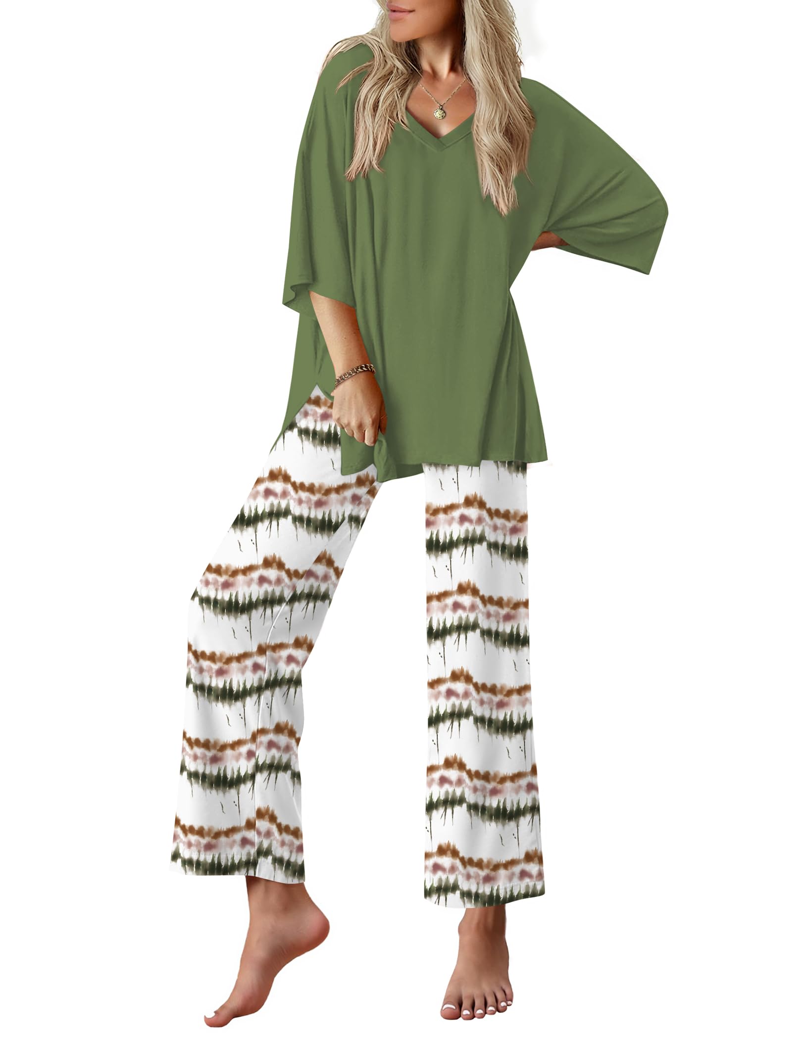 Ekouaer Lounge Sets for Women Short Sleeve Tops and Long Pants Pajamas Set