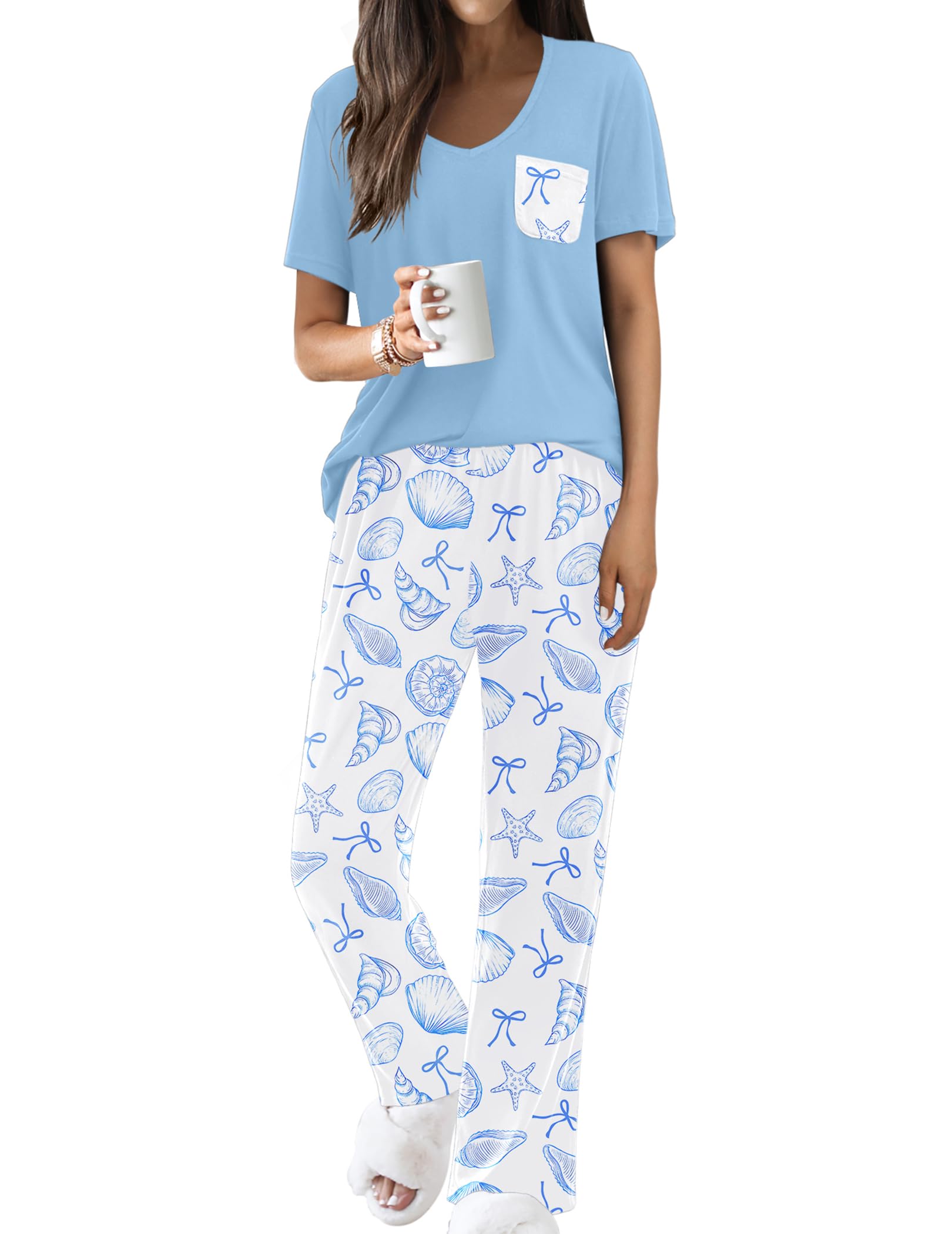 Ekouaer Pajama Sets for Women 2 Piece Short Sleeve Pj V Neck Chest Pocket