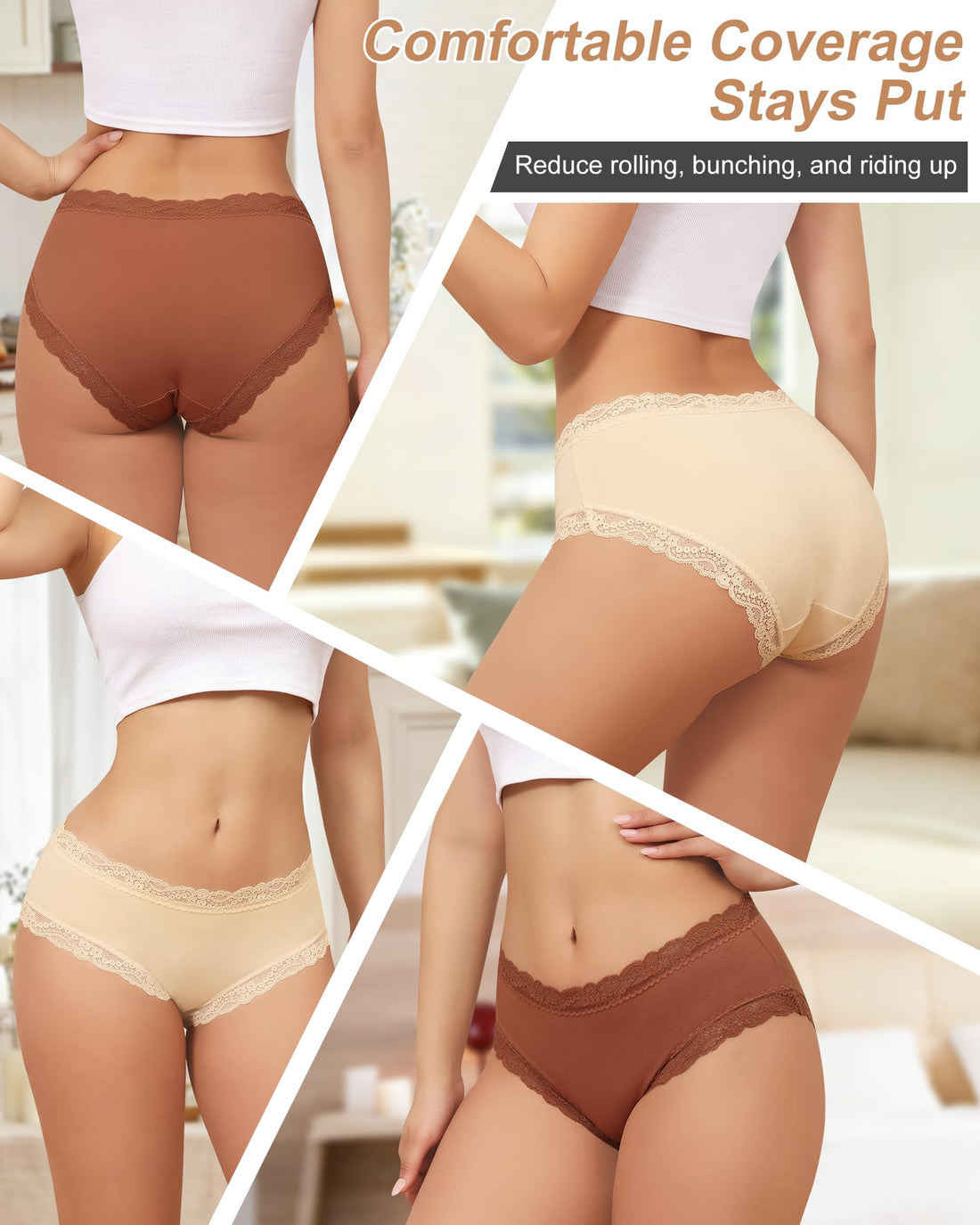 LEVAO Women's Cotton Brief Panties Soft Breathable Lace Trim 5 Pack