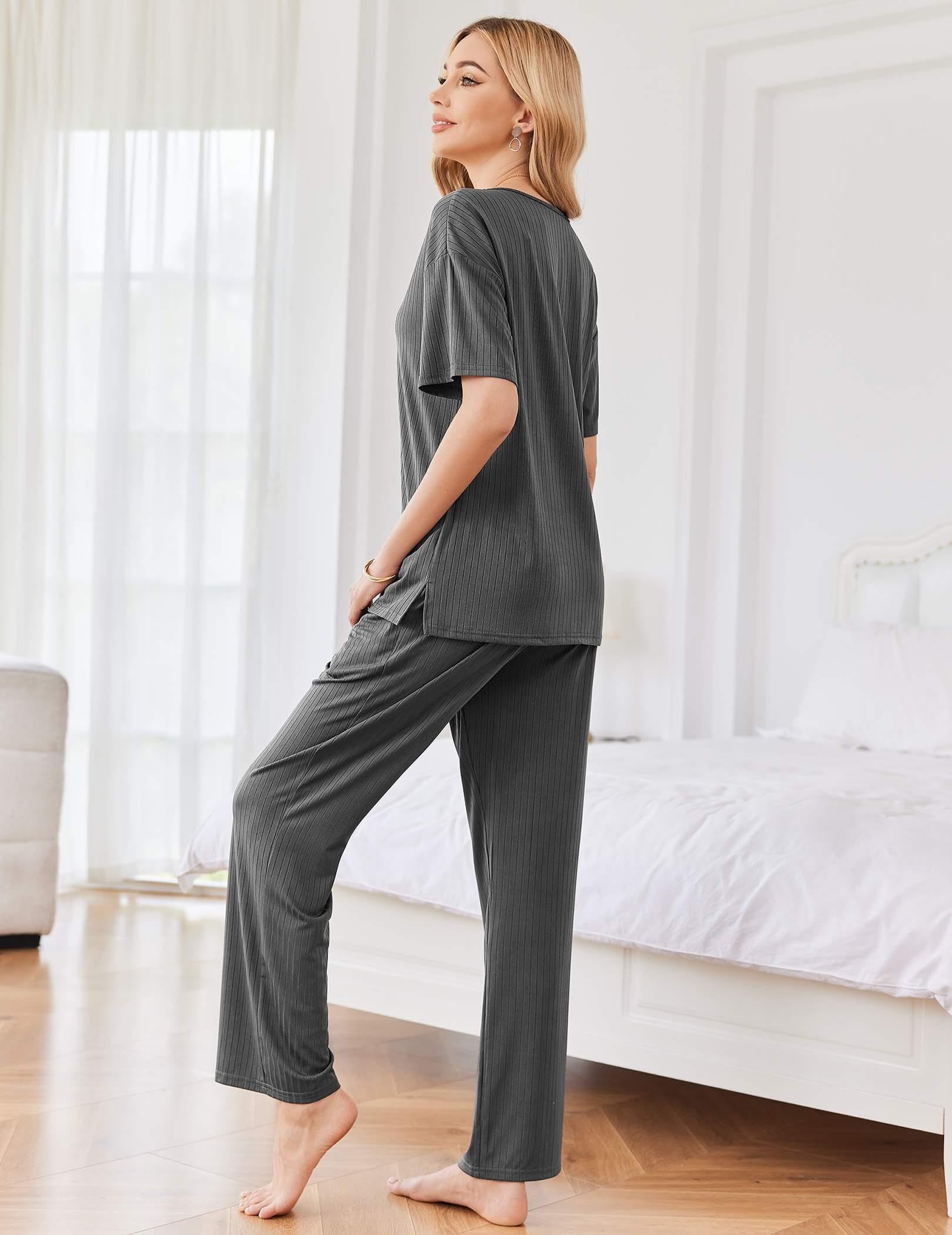 Ekouaer Womens Ribbed Knit Lounge Set Short Sleeve Top and Long Pants Sleepwear Pajama Set Two Piece Matching Outfits Set