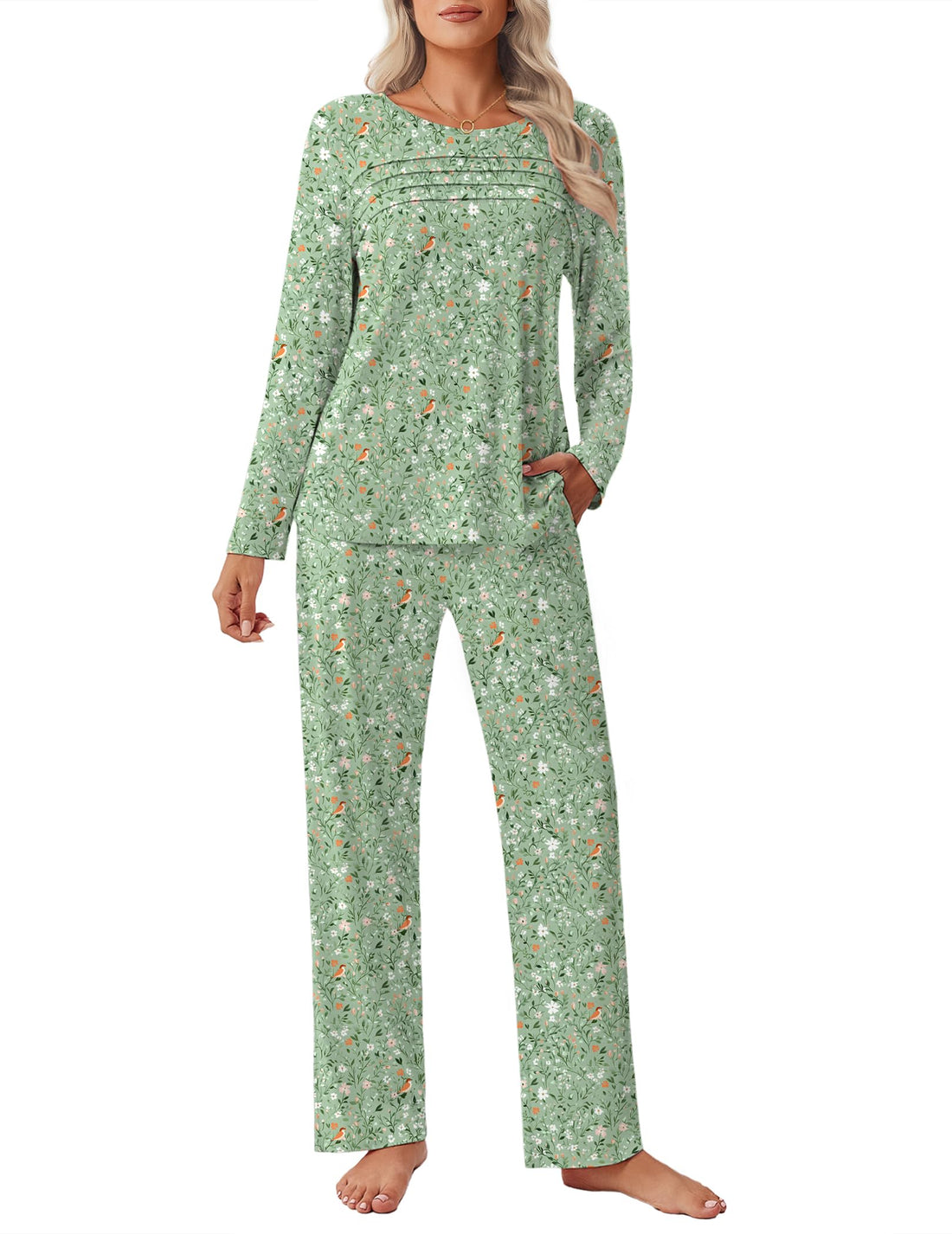 Ekouaer Womens Pajama Sets Pleated Tops with Long Sleeve Fall Lounge Set