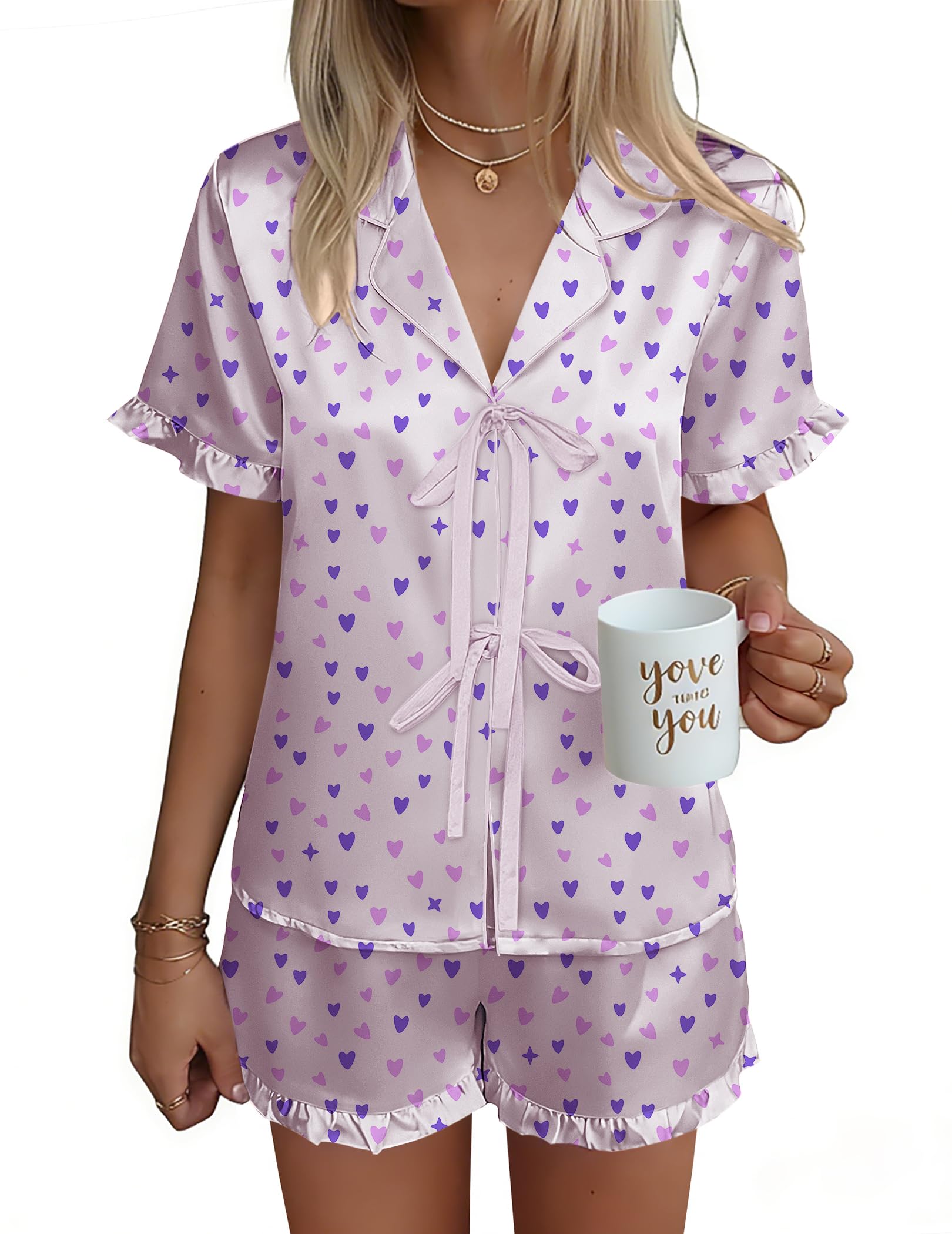 Ekouaer Satin Pajama for Women Short Sleeve Silky Pj Short Sets Lounge Set