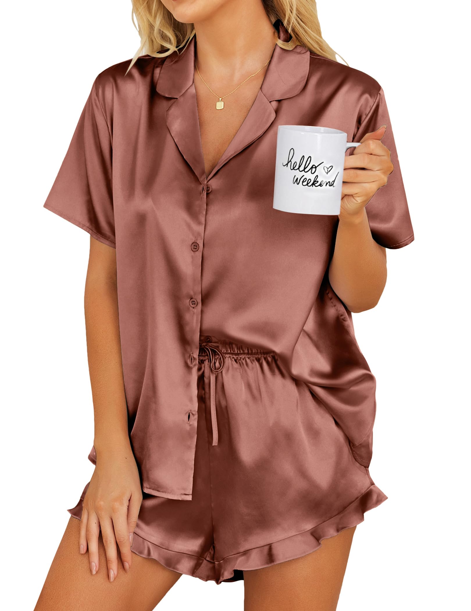 Ekouaer Womens Satin Pajamas Set Button Down Silk Pj Shorts Set with Ruffle