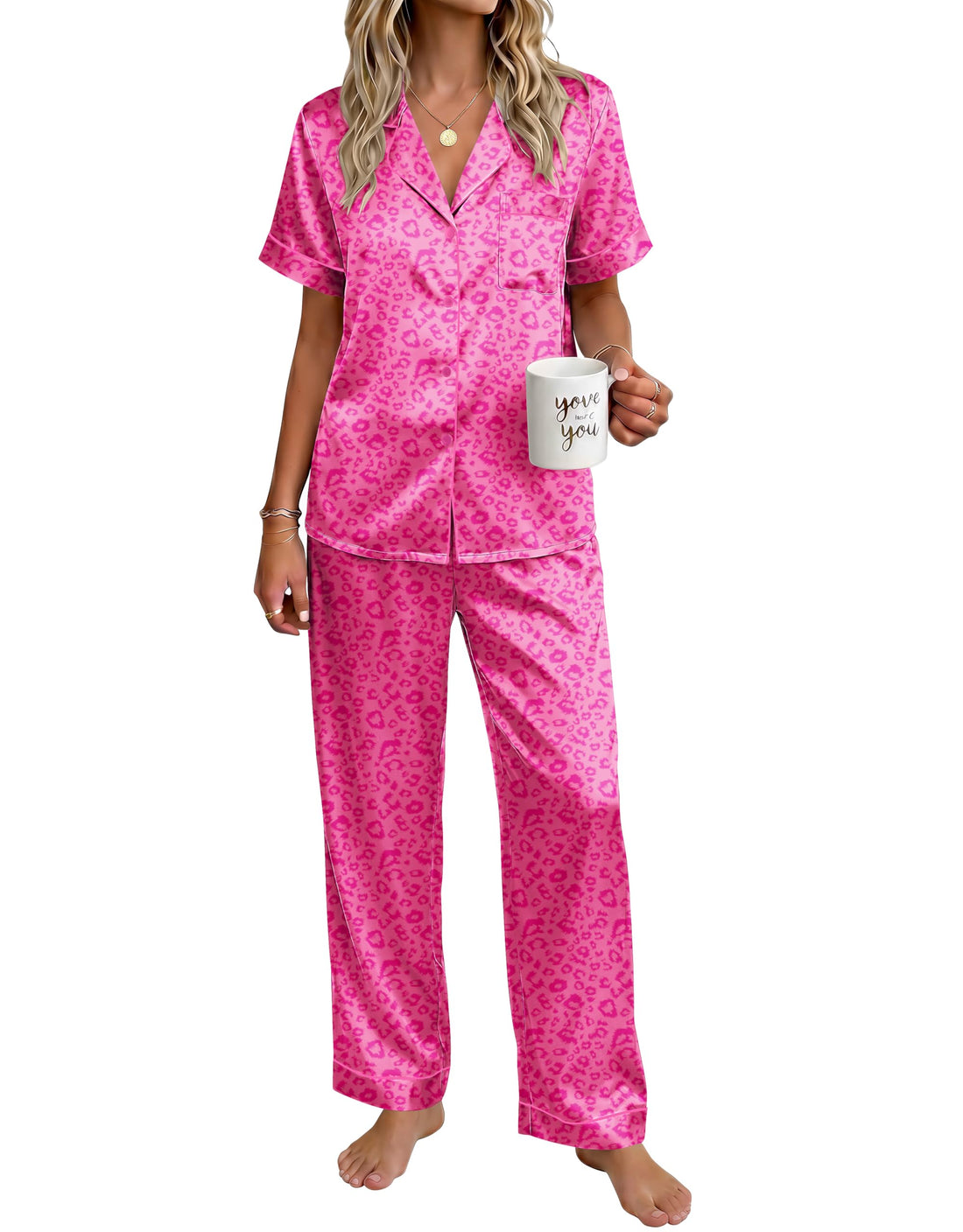 Ekouaer Womens Satin Pajama Set Silky Short Sleeve Button Down Pj Set
