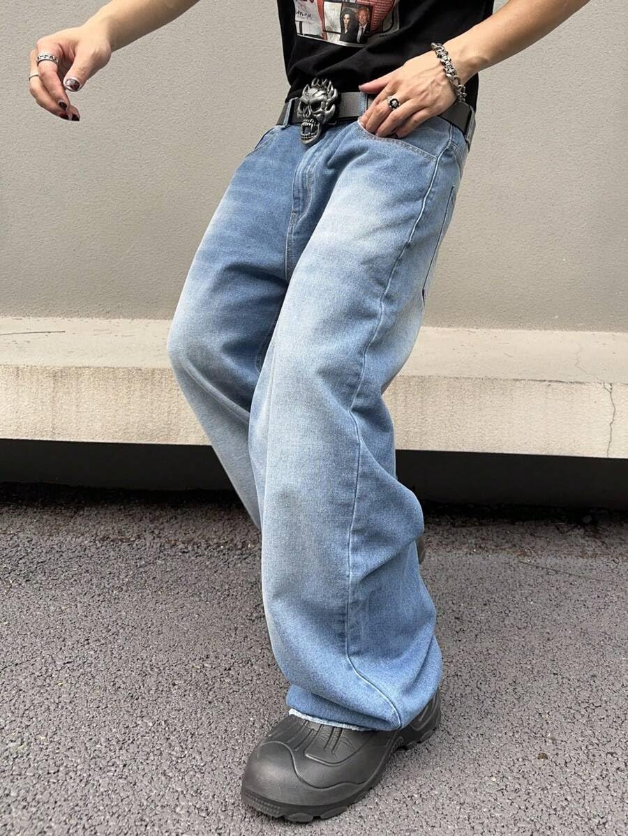 HUNGSON Mens Baggy Jeans for Men Women Y2k Skater Vintage Plain Pants Casual Wide Leg Jeans Loose Fit Denim Jeans
