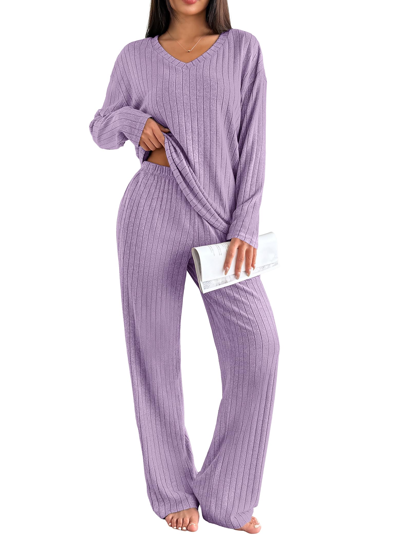 Ekouaer Lounge Sets for Women Long Sleeve Knit Ribbed Pajama Sets 2 Piece Casual Loungewear with Pockets