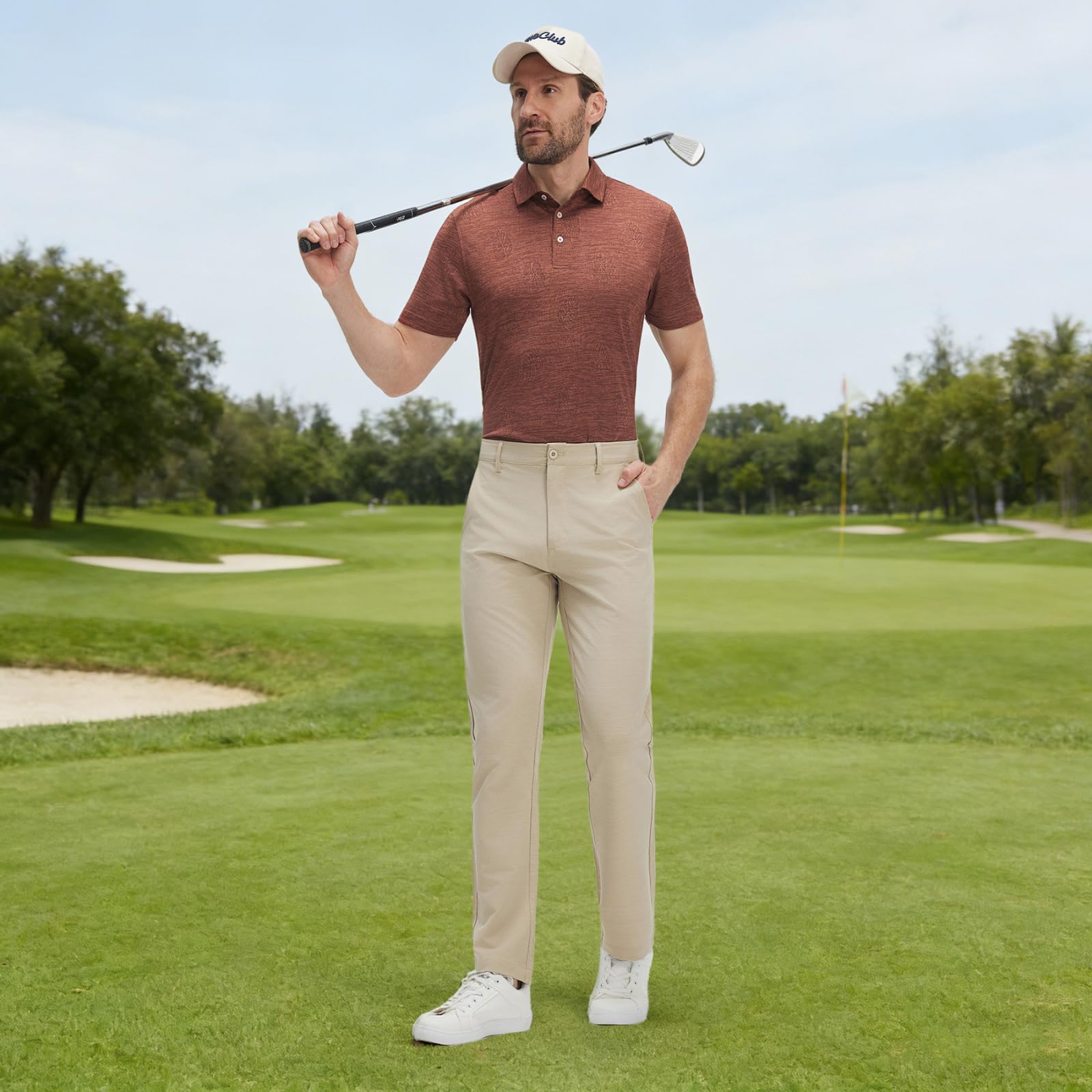M MAELREG Short Sleeve Golf Shirts for Men Moisture Wicking Performance Lightweight Jacquard 3 Button Polo Shirts for Men