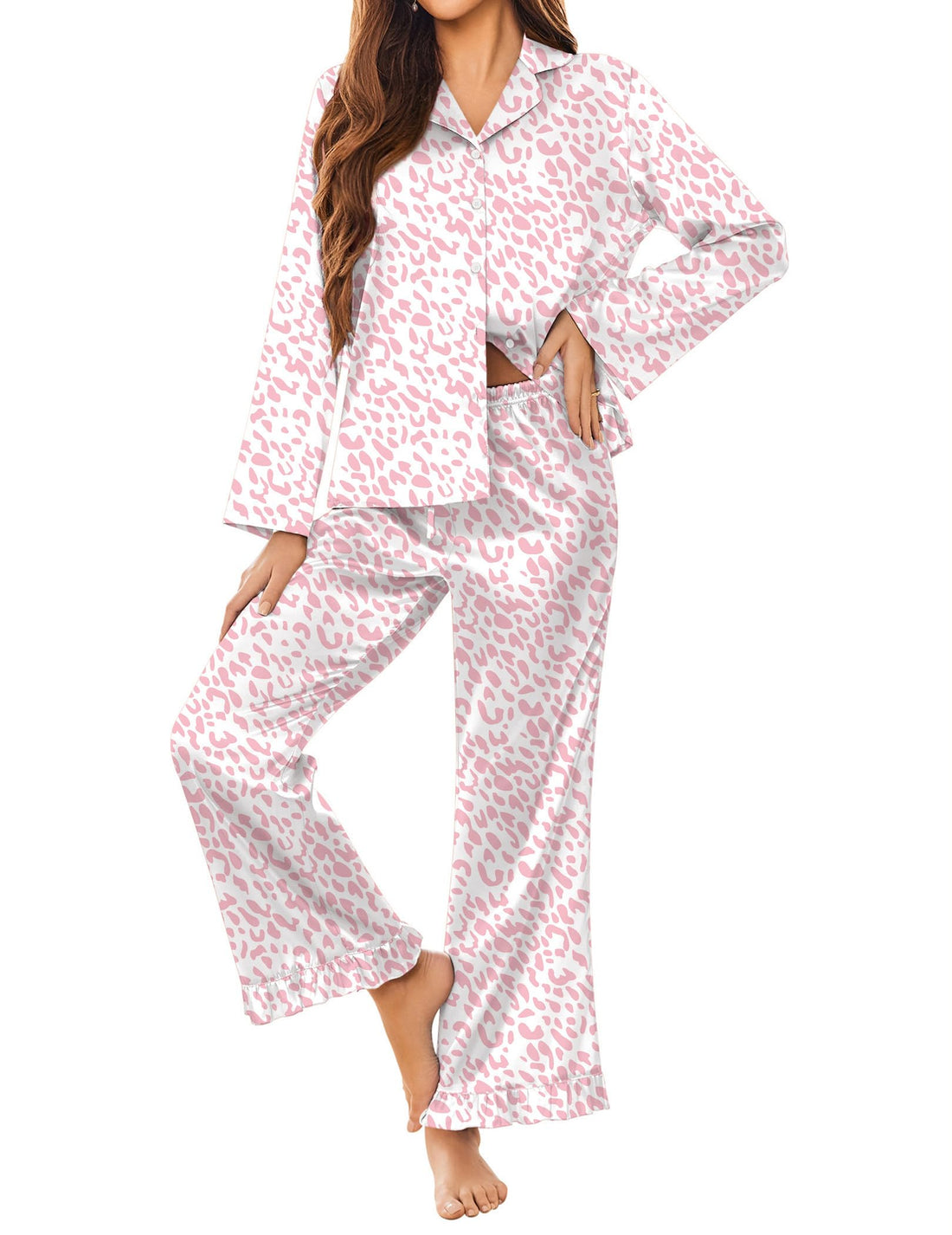 Ekouaer Satin Pajama Set for Women Long Button Down Silk Pj with Ruffle
