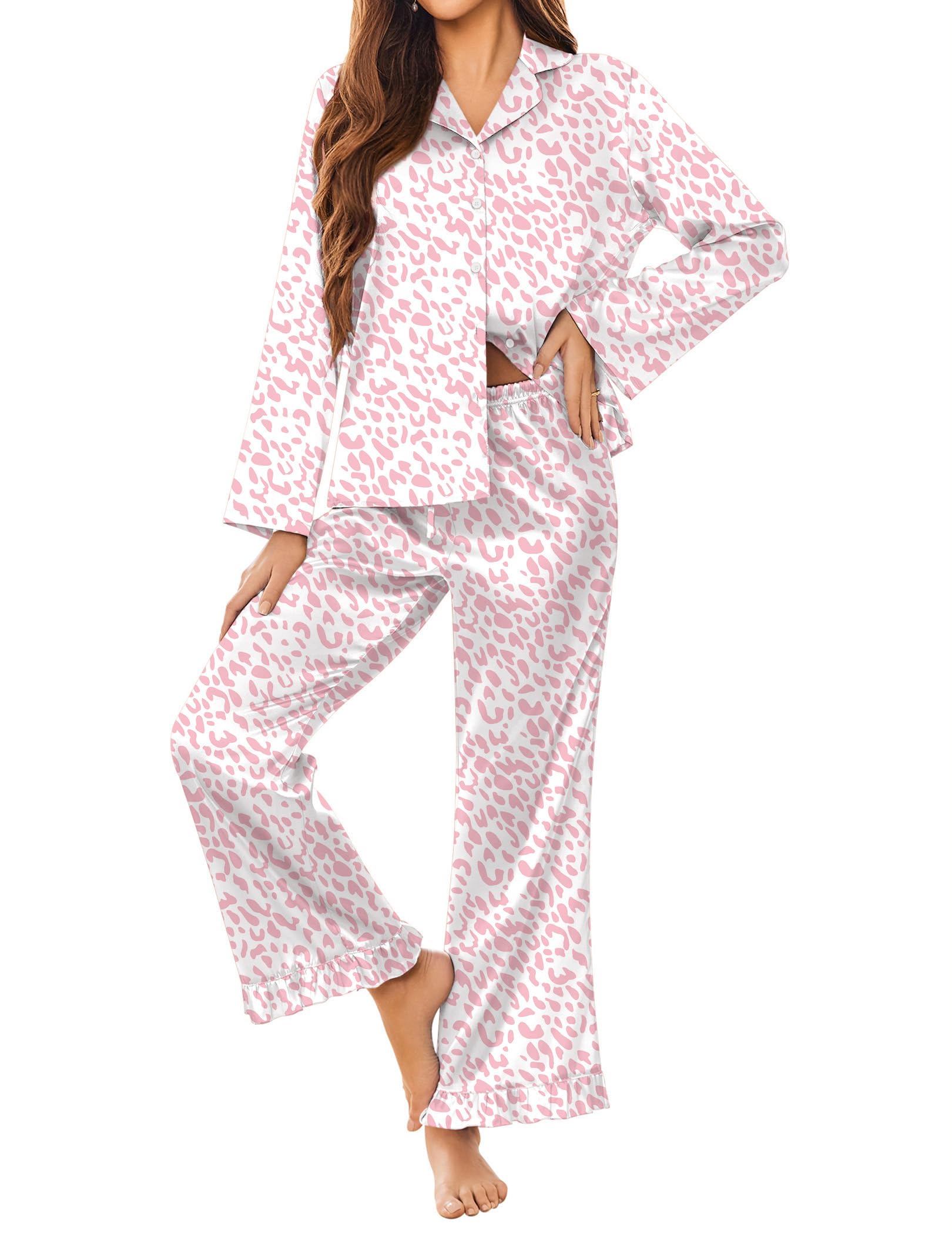 Ekouaer Satin Pajama Set for Women Long Button Down Silk Pj with Ruffle