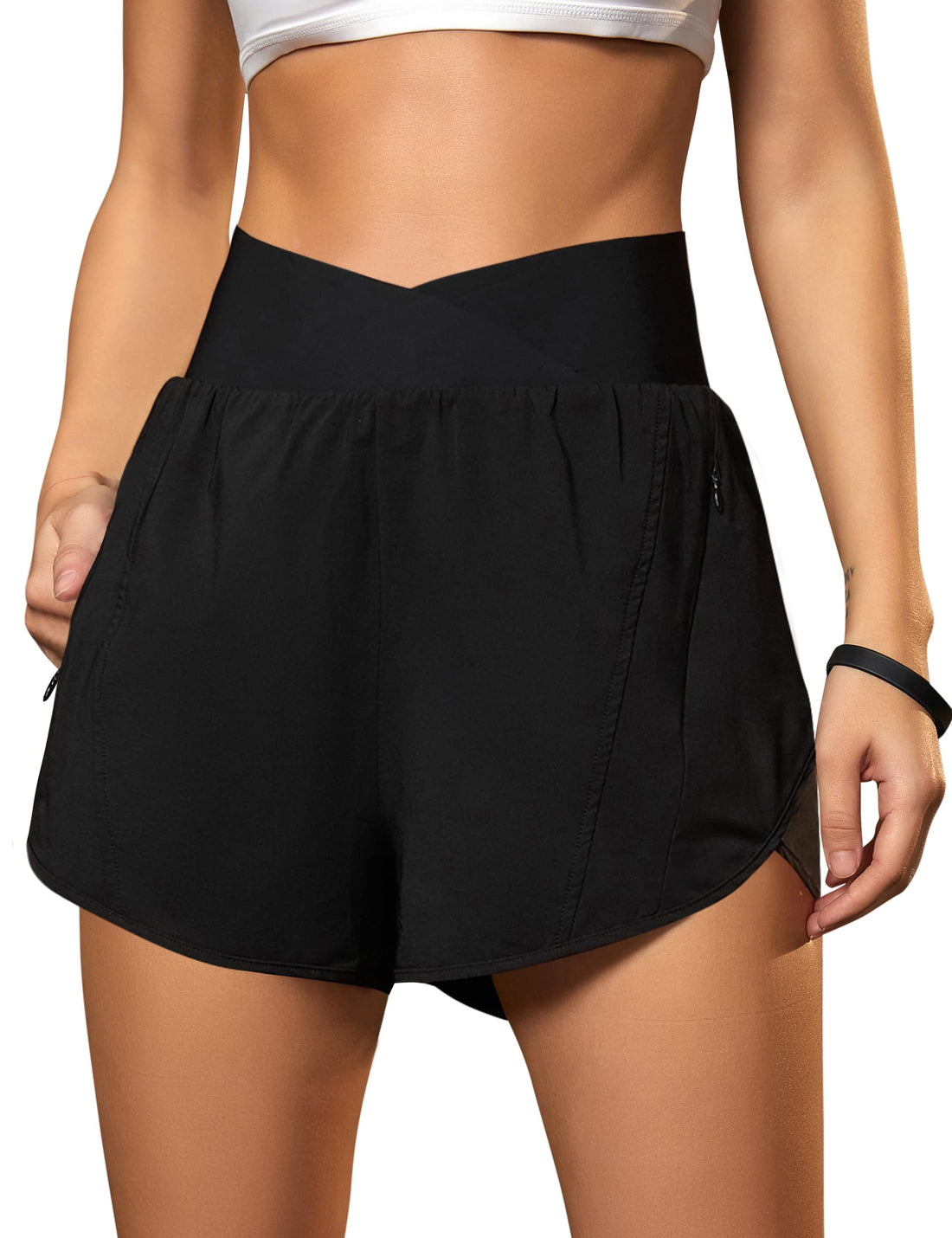 Blooming Jelly Women's Workout Shorts Athletic Running Shorts Crossover High Waisted Gym Shorts with Zipper Pockets