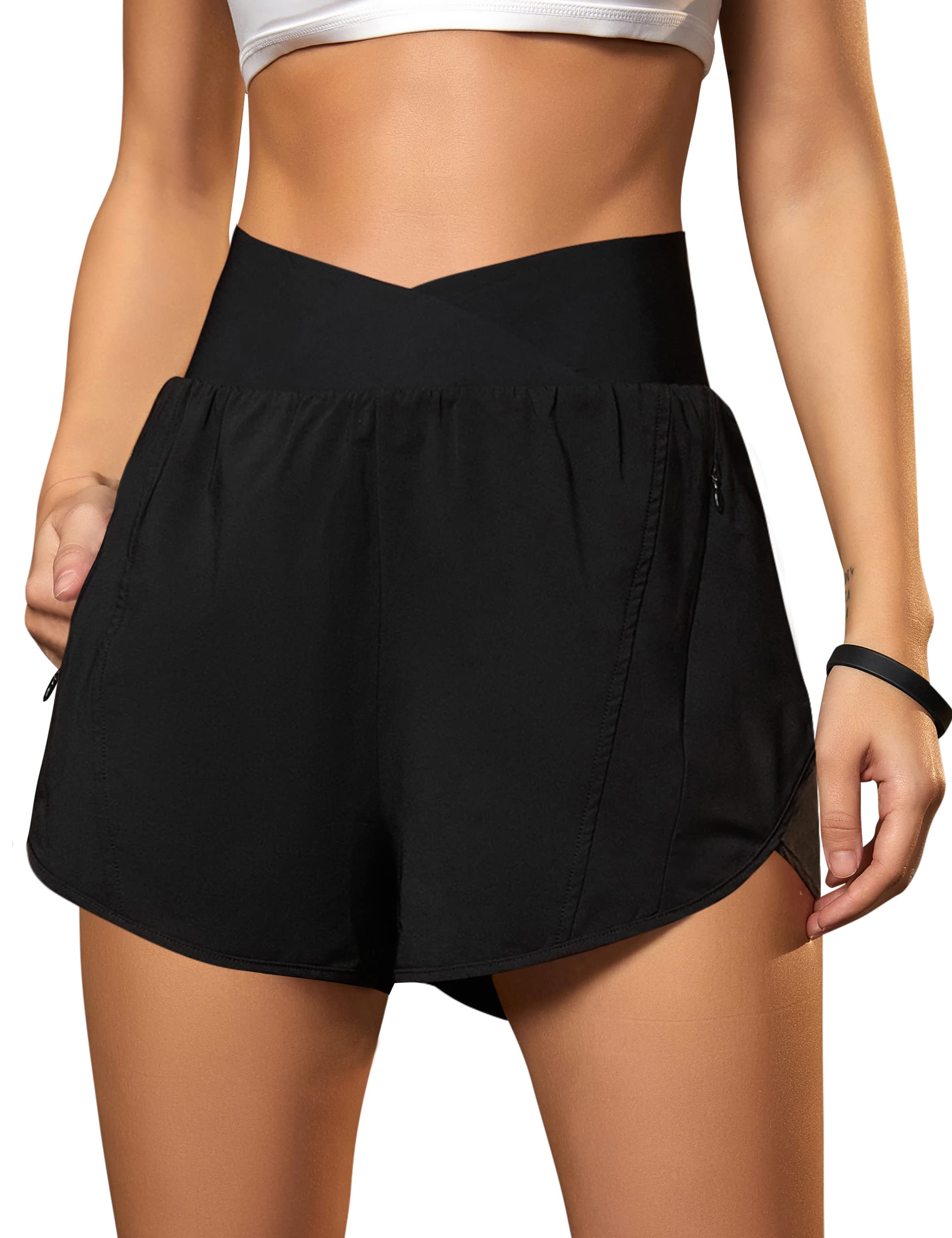 Blooming Jelly Women's Workout Shorts Athletic Running Shorts Crossover High Waisted Gym Shorts with Zipper Pockets