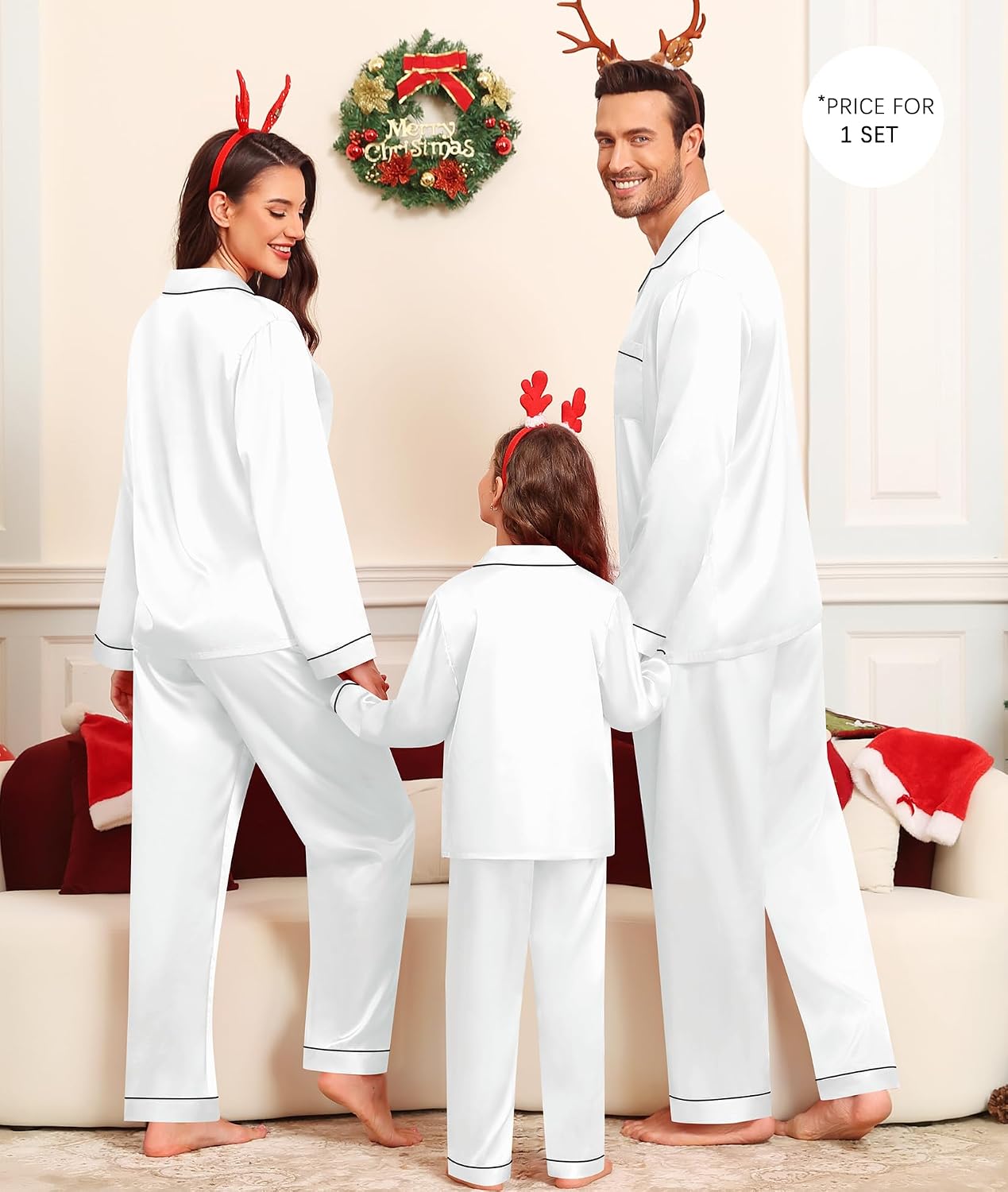 SWOMOG Family Matching Pajama Set Silky Satin Pajamas Long Sleeve Sleepwear Button Down Loungewear 2 Pcs Pj Set(White, 150(Age for 12-13Y))