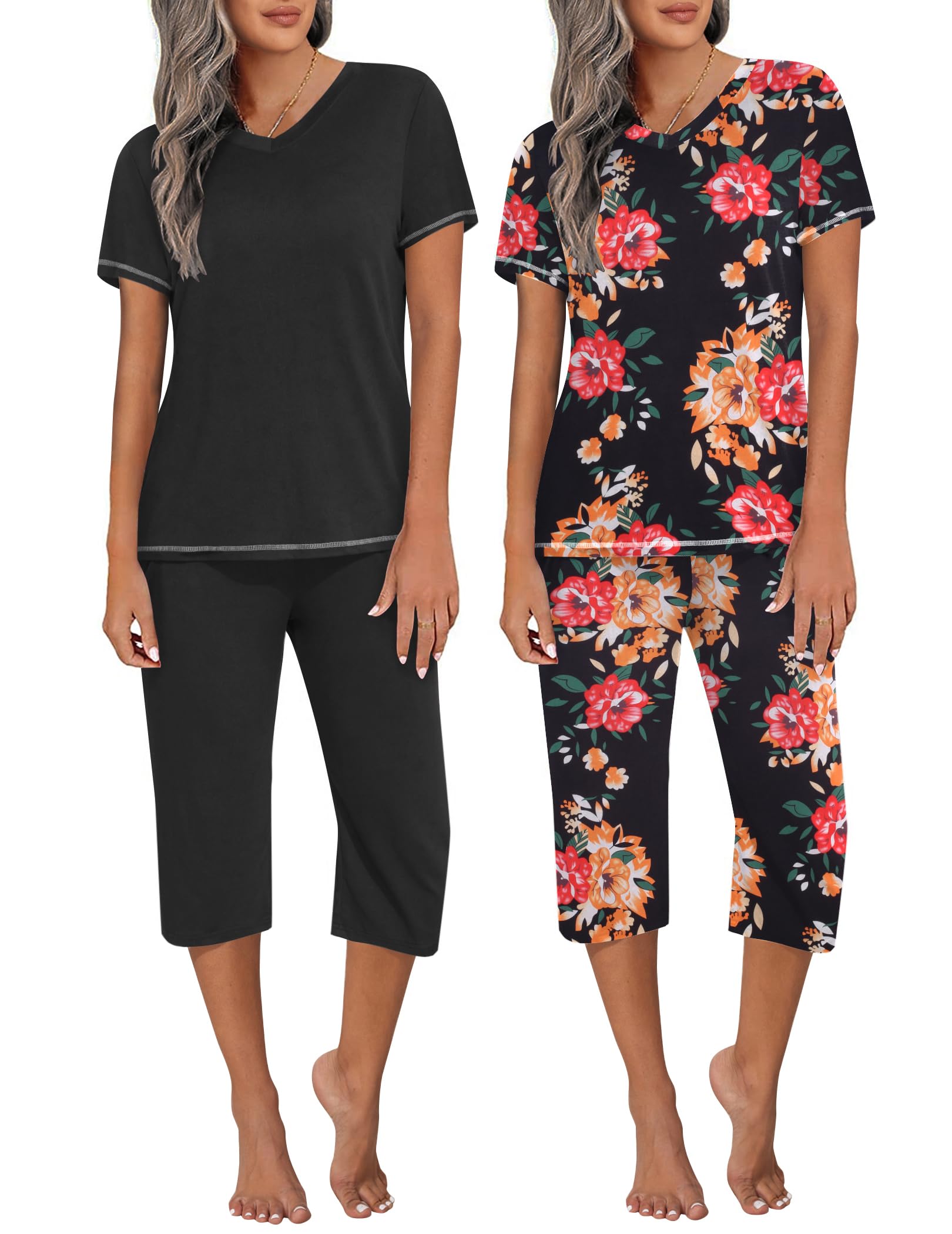 Ekouaer 2 Pack Women's Capri Pajama Sets Short Sleeve Two-Piece Pjs V Neck Tops & Pants Printed Lounge Sets S-3XL