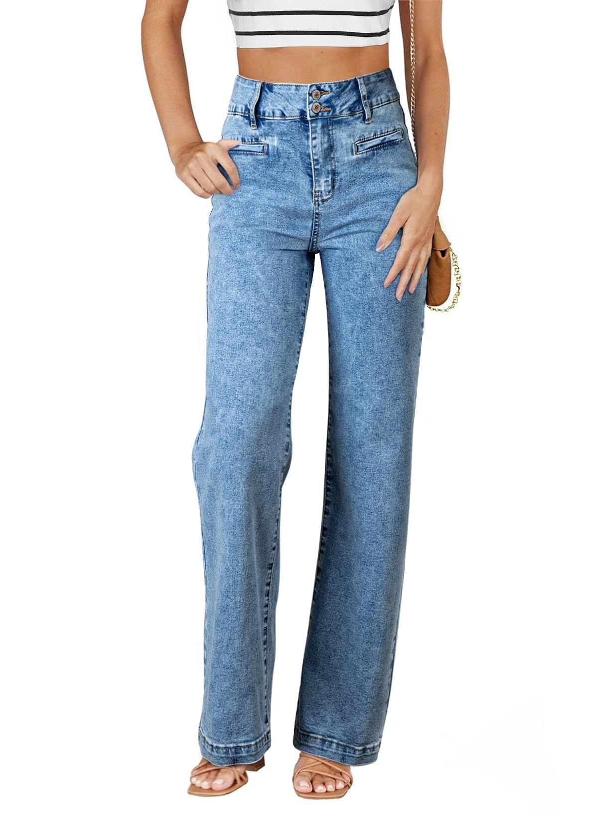 Sidefeel Women's Jeans High Waisted Straight Leg Stretchy Jeans Trendy Loose Wide Leg Zimbaplatinum Denim Pants with Pockets