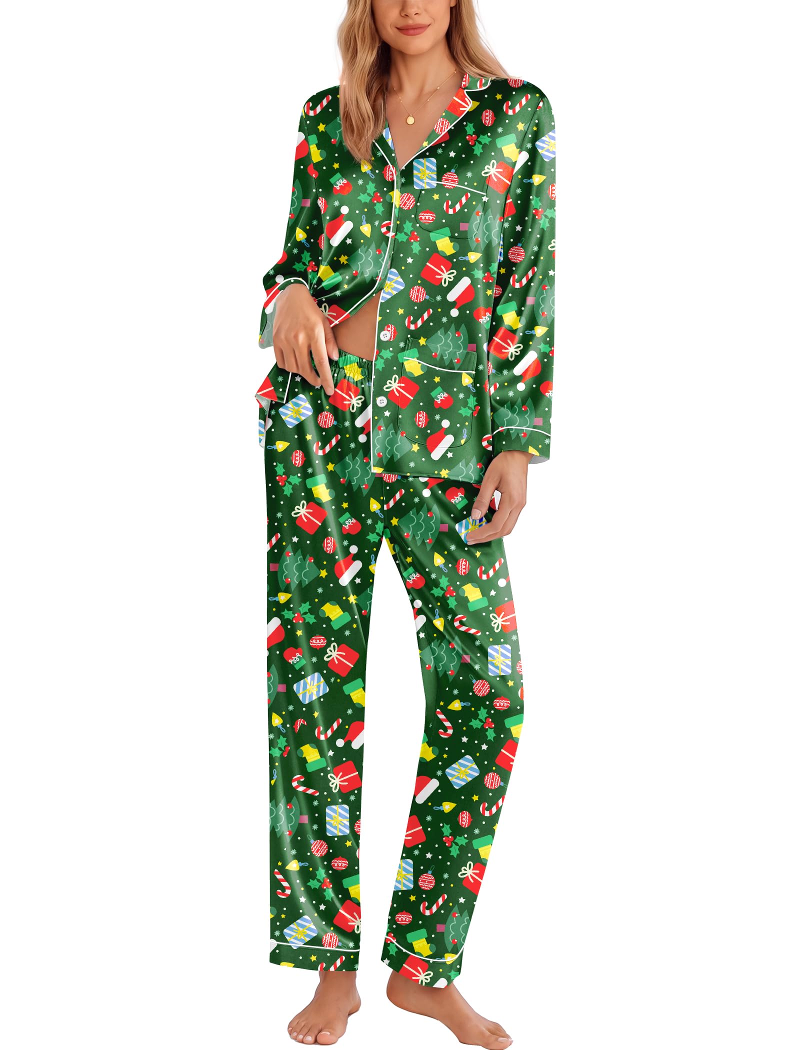 Ekouaer Pajamas for Women Silk Satin Button Down Long Sleeve Pajama Sets