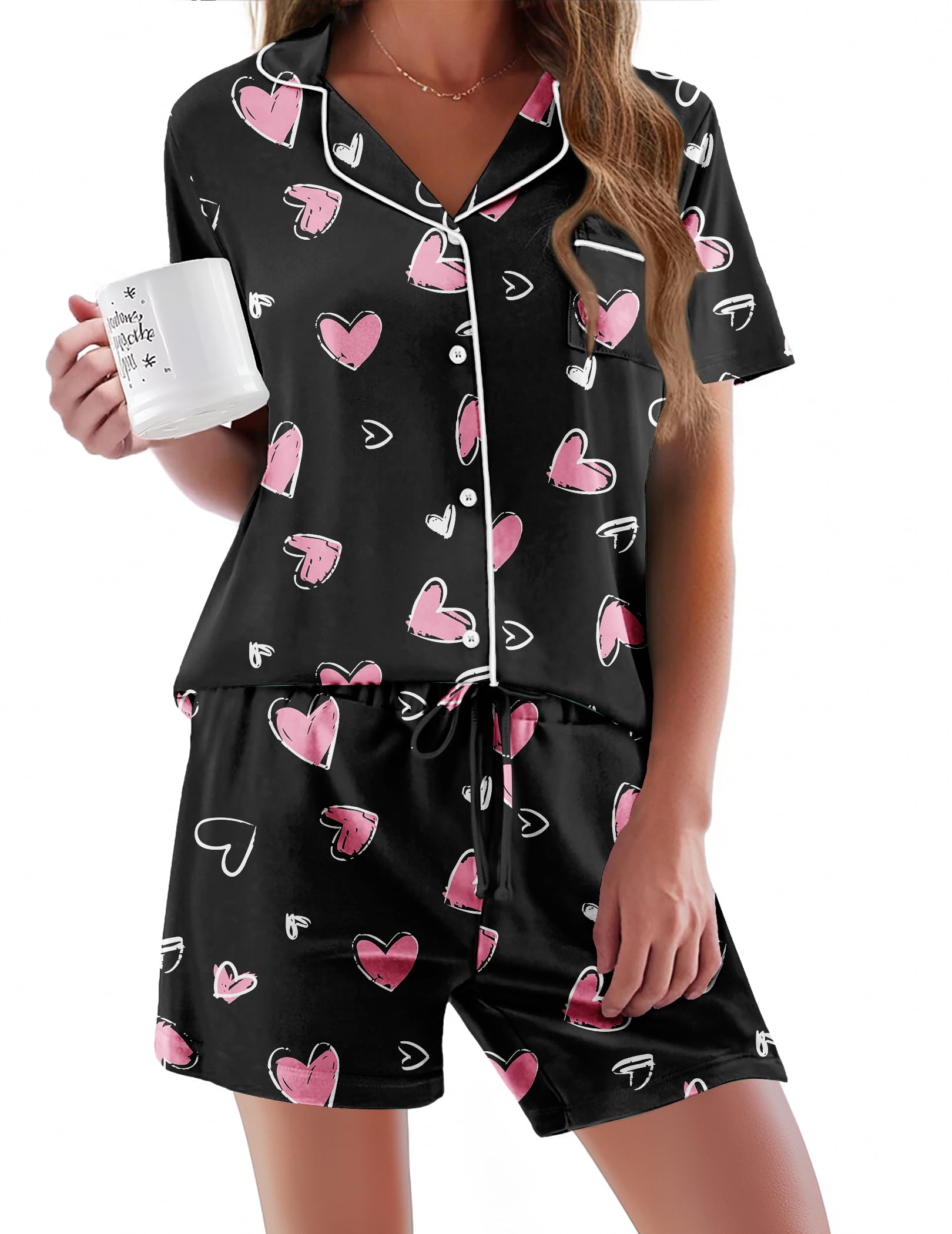 Ekouaer Pajamas Set for Women Short Sleeve Sleepwear Button Down Pj XS-XXXL
