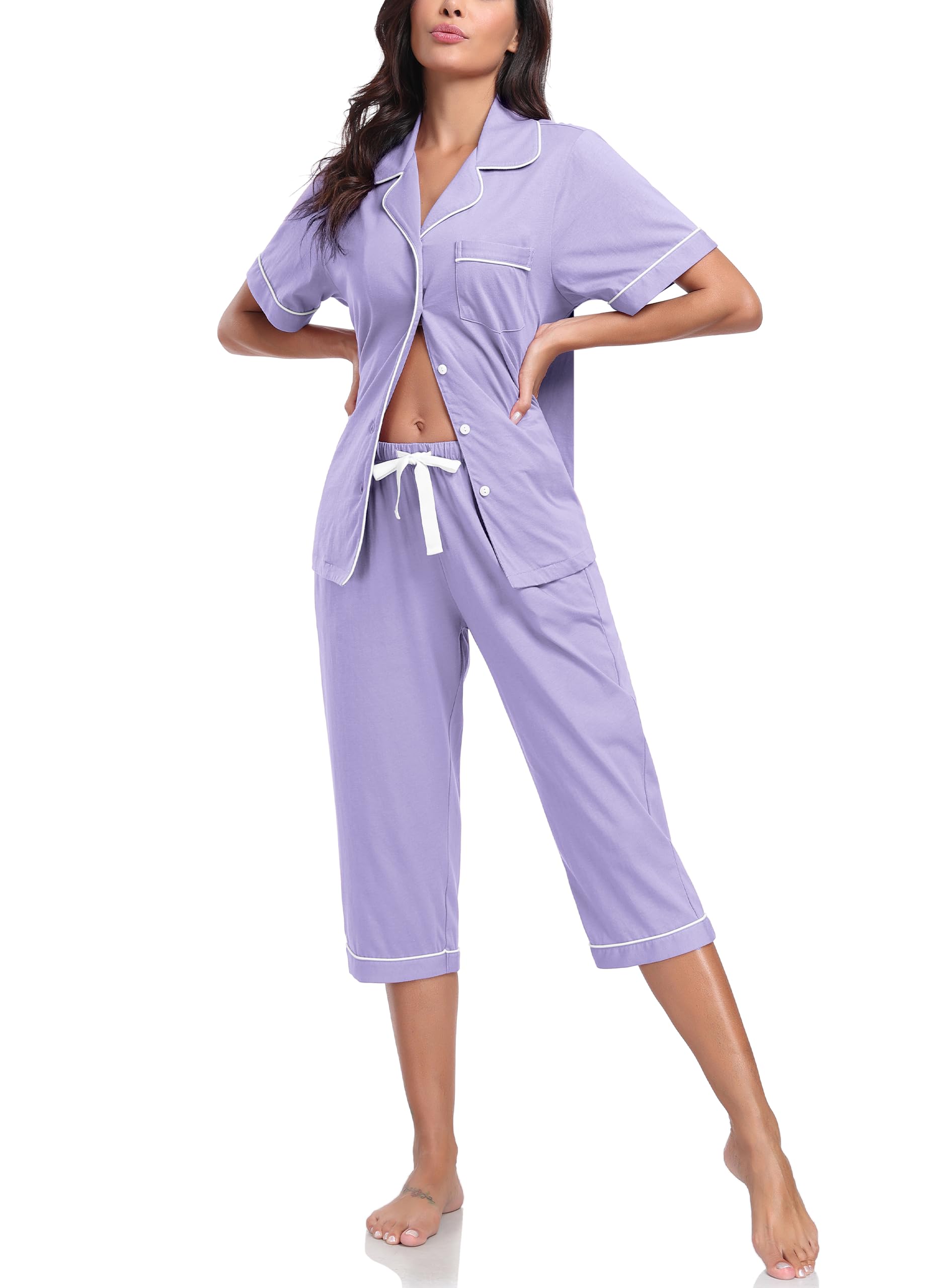 COLORFULLEAF 100% Cotton Women's Pajama Sets Short Sleeve Capri Pajamas for Women Set Button Down Pjs Soft Sleepwear Summer