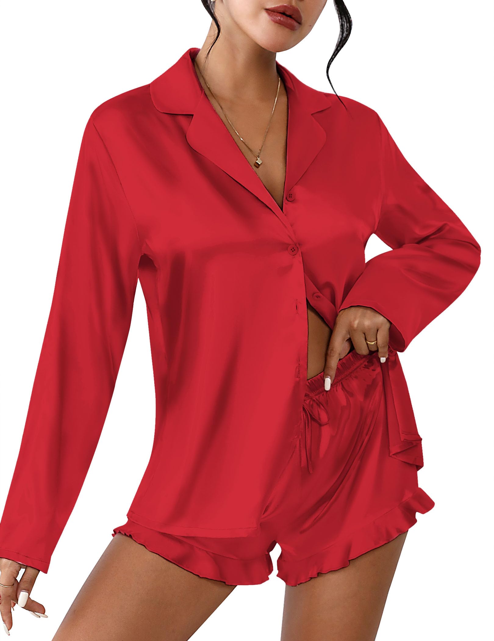 Ekouaer Womens Satin Pajama Sets Cute Button Down Silk Pjs with Ruffle