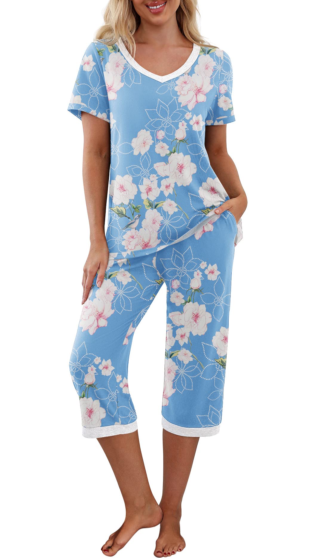 PrinStory Womens Pajama Sets Capri Pjs Soft Lounge Sets S-4XL