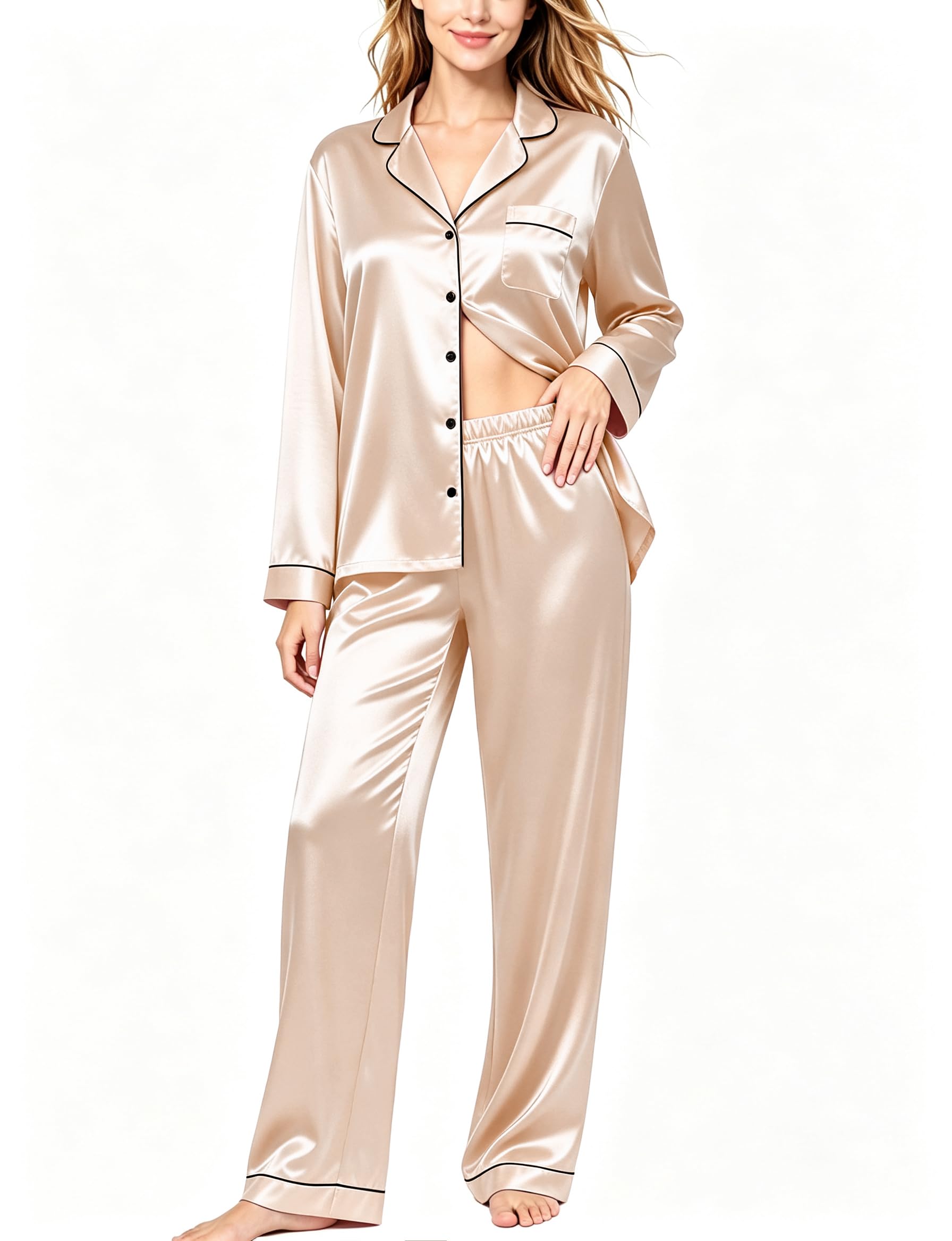 SWOMOG Womens Silk Satin Pajamas Set Long Sleeve Button Down Sleepwear 2 Piece Lounge Set Pj Set XS-3XL