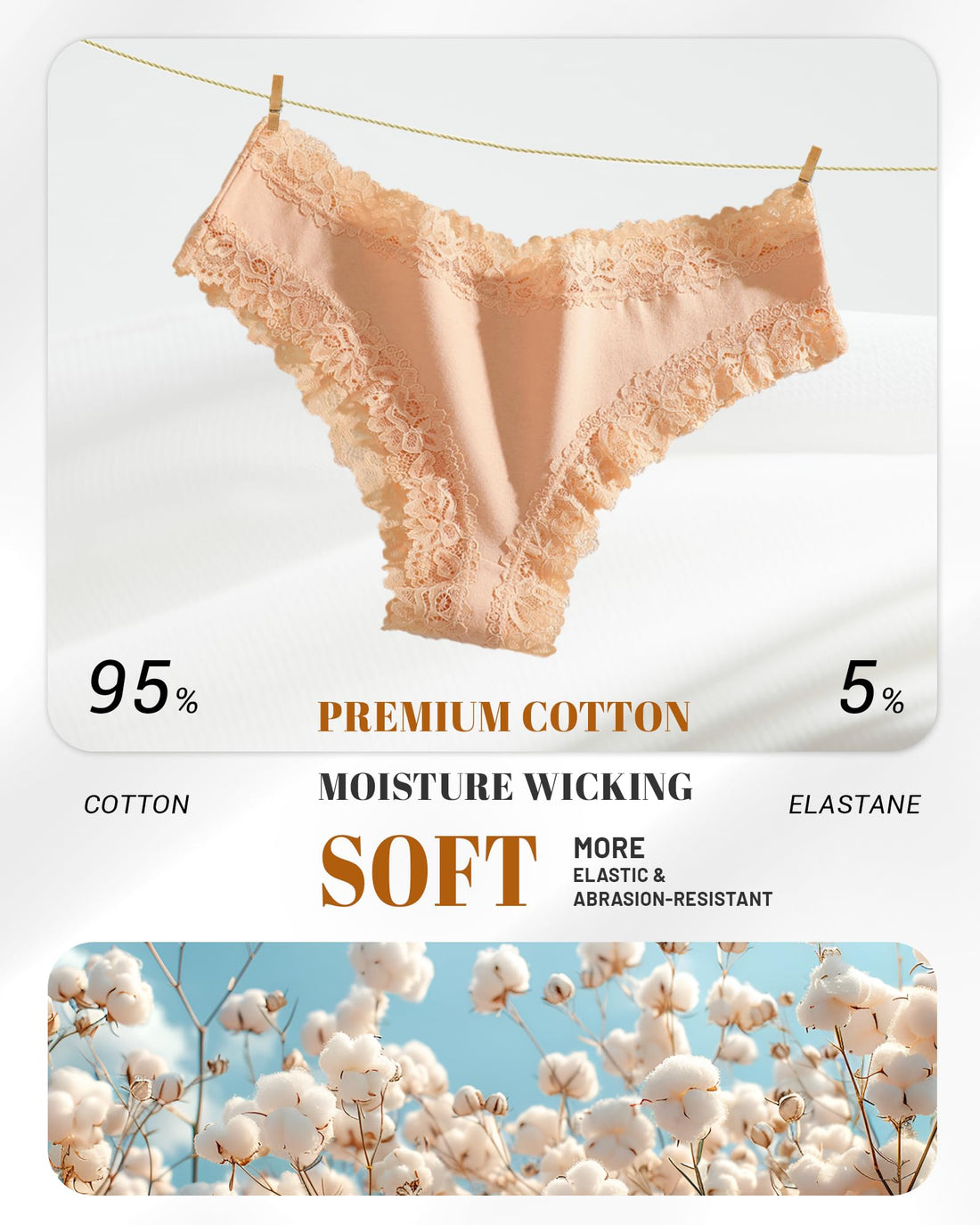 FINETOO Cotton Underwear Womens Sexy Lace Cheeky Low Rise Panties 6 Pack