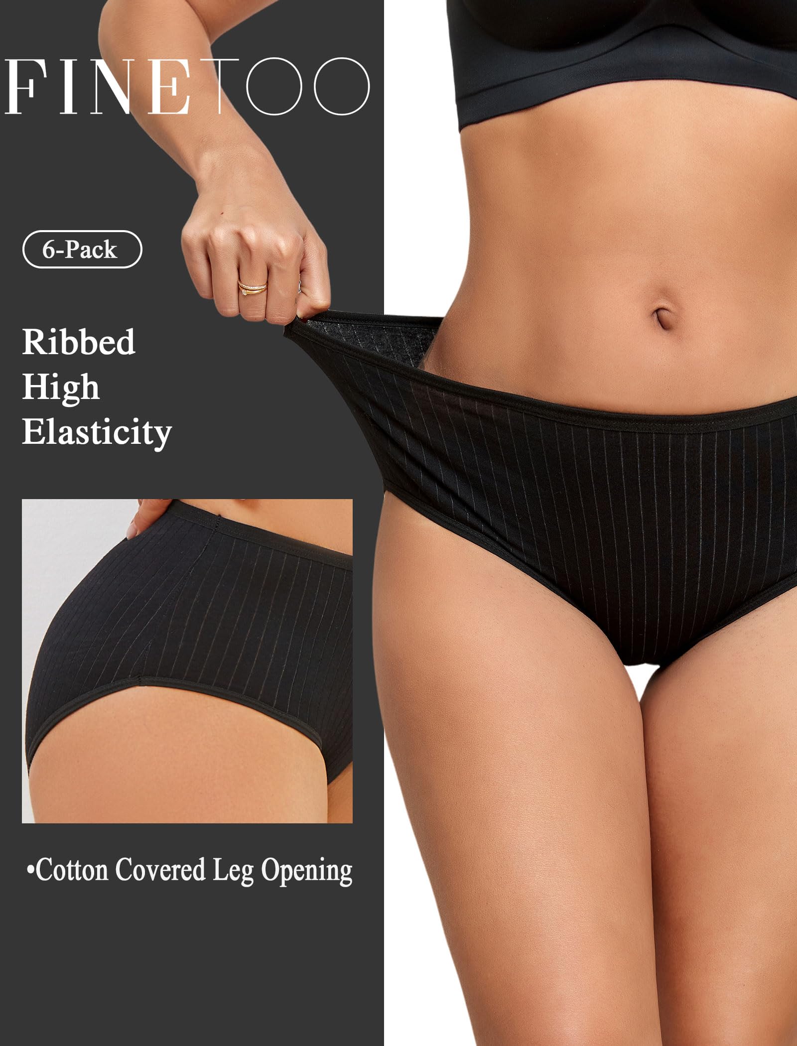 FINETOO Cotton Underwear for Women High Waisted Ribbed Full Coverage Briefs Soft Breathable Moisture Wicking Panties 6 Pack