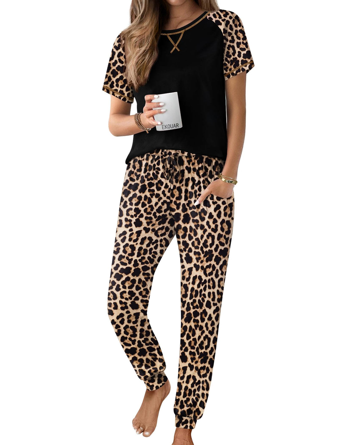 Ekouaer Pajamas for Women Set Short Sleeve PJ Set 2 Piece Jogger Pants