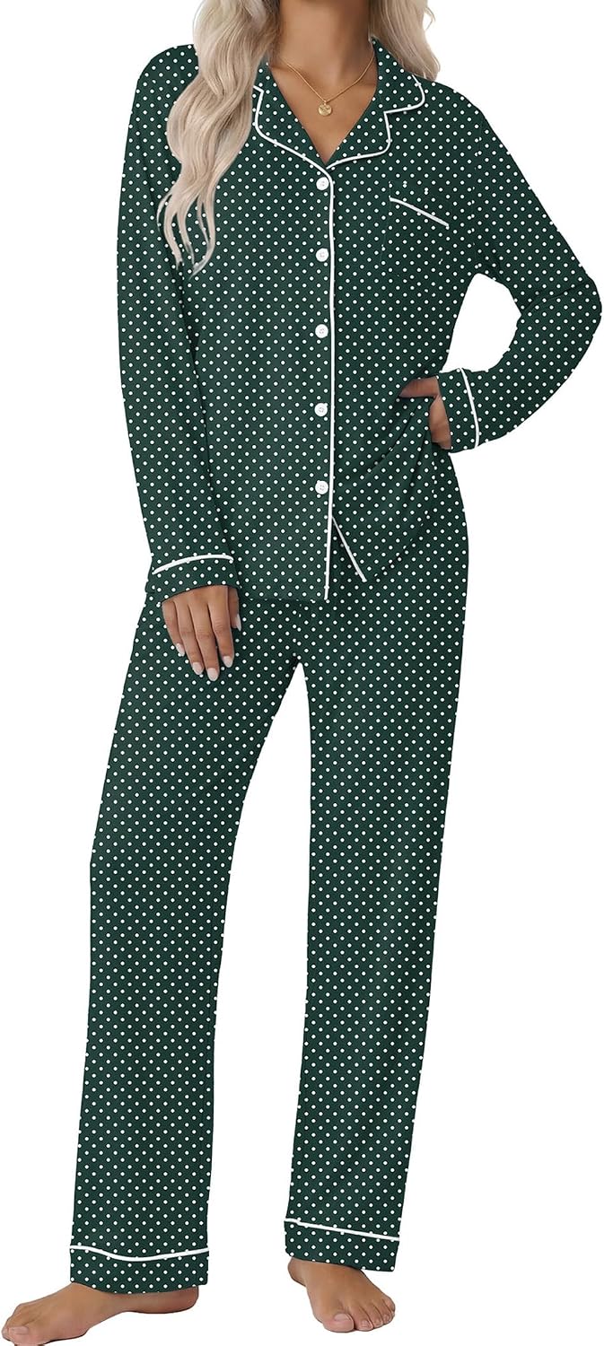 Ekouaer Women's Classic Long Sleeve Button Down Pajama Set