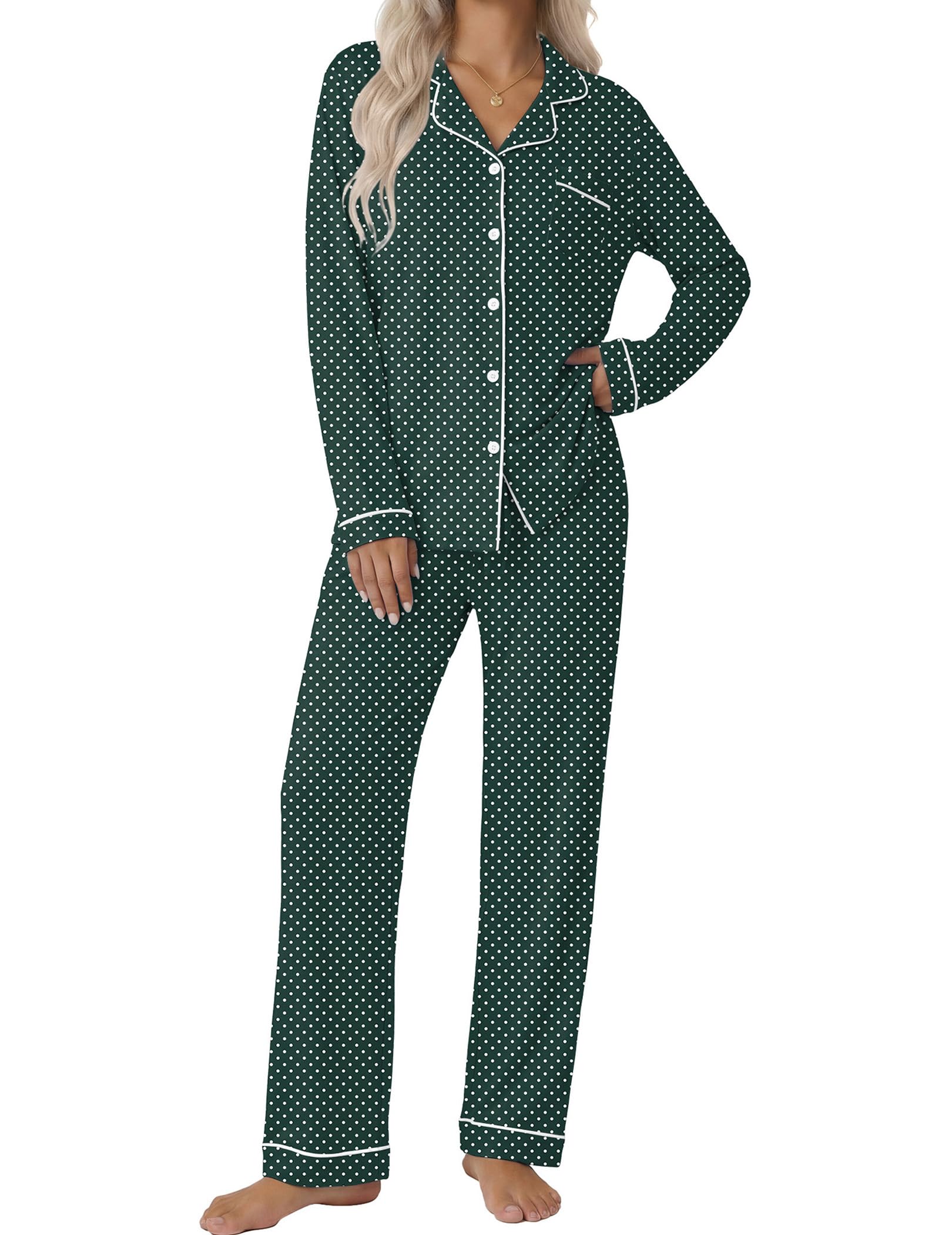 Ekouaer Women's Classic Long Sleeve Button Down Pajama Set