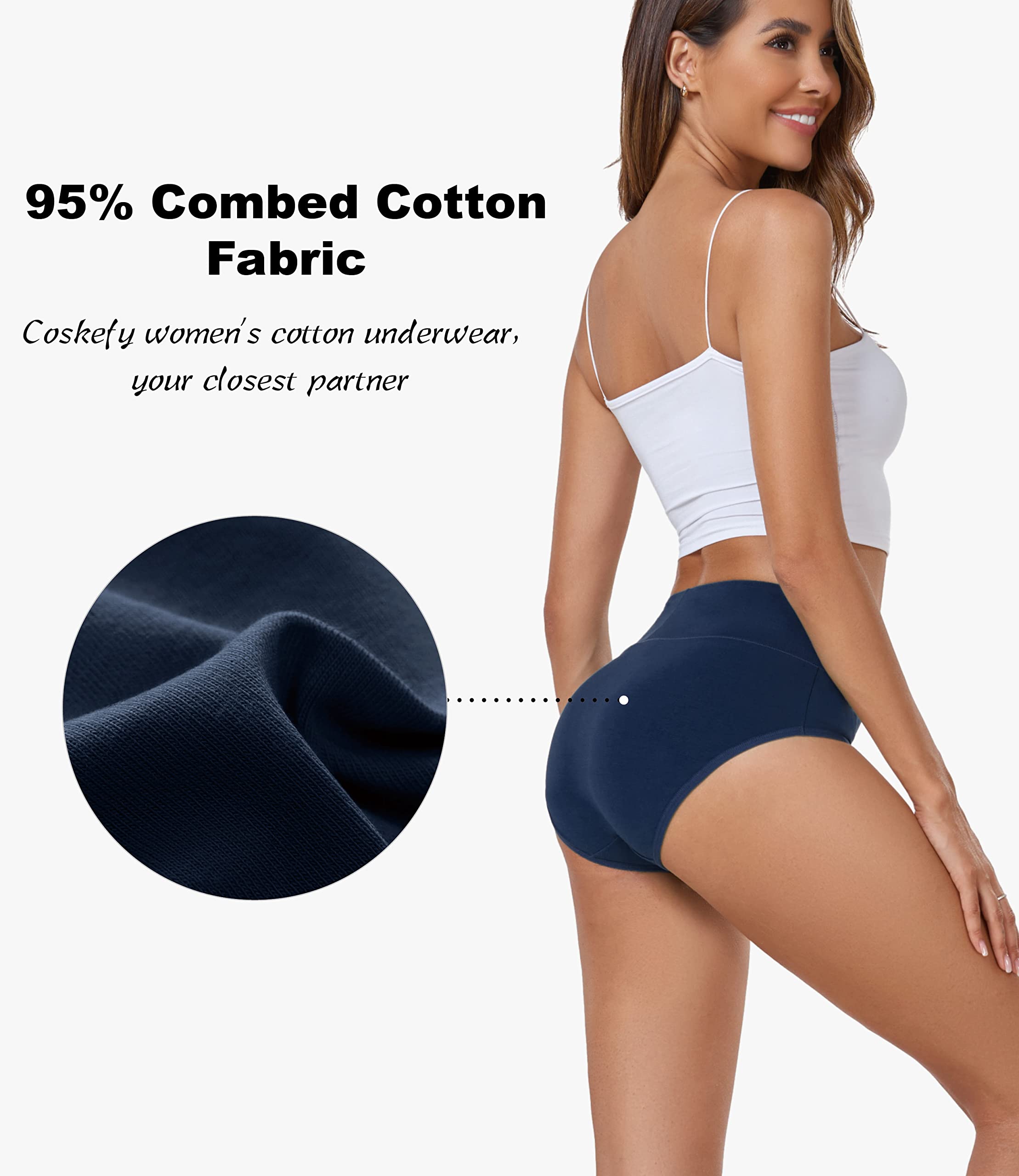coskefy Women's High Waisted Cotton Underwear Soft Breathable Panties Stretch Briefs Ladies Panties 5 Pack