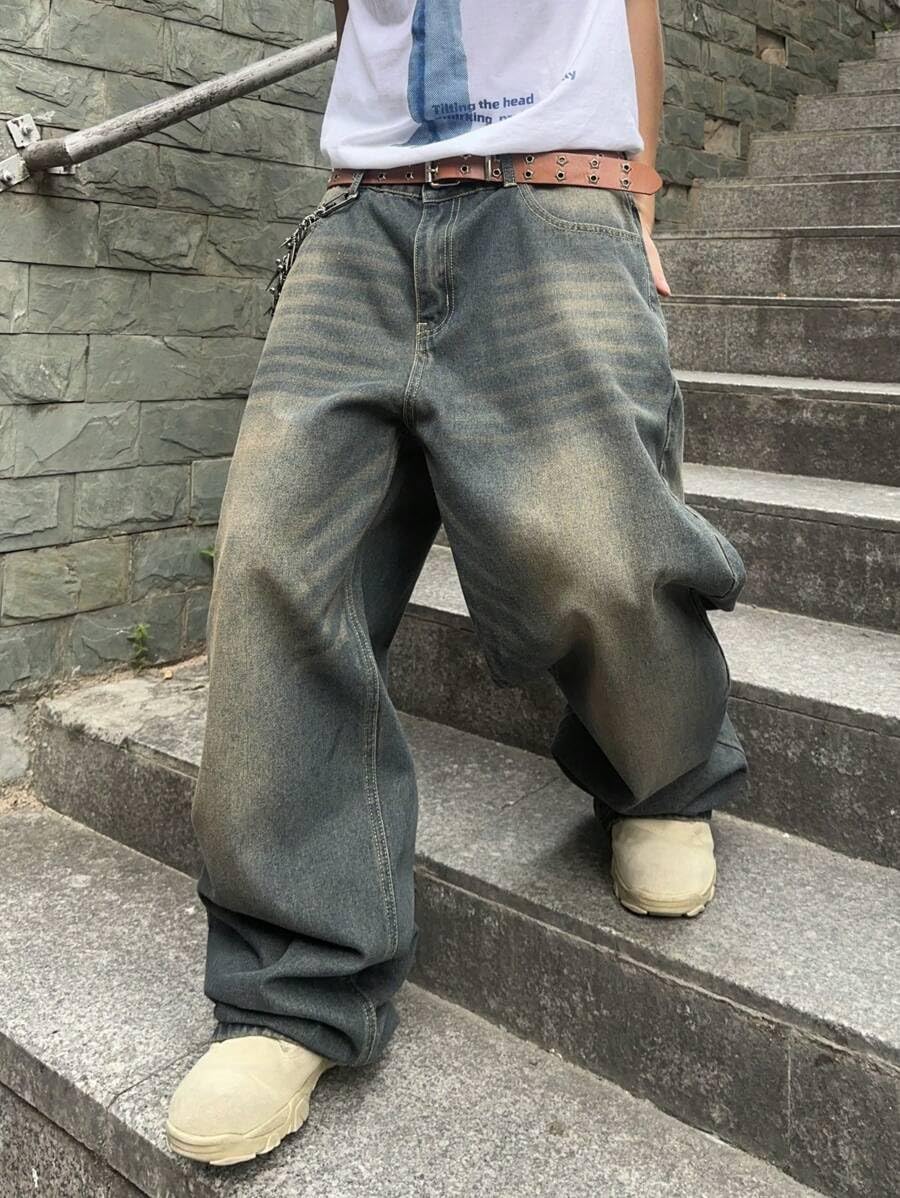 HUNGSON Mens Baggy Jeans for Men Women Y2k Skater Vintage Plain Pants Casual Wide Leg Jeans Loose Fit Denim Jeans
