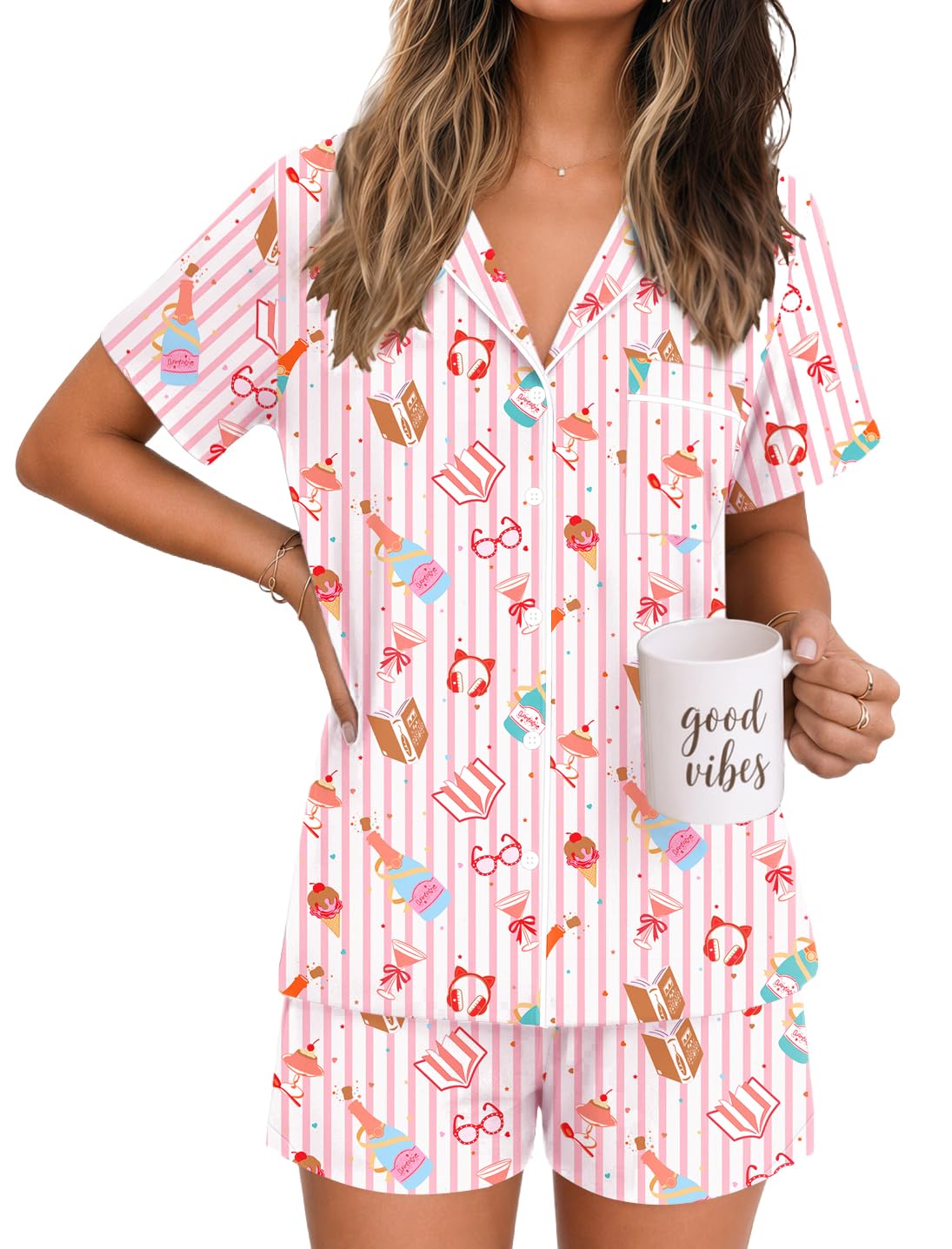 Ekouaer Womens Pajamas Set Soft Classic Notch Collar Bride Pjs Comfy Short Sleeve Sleepwear Loungewear