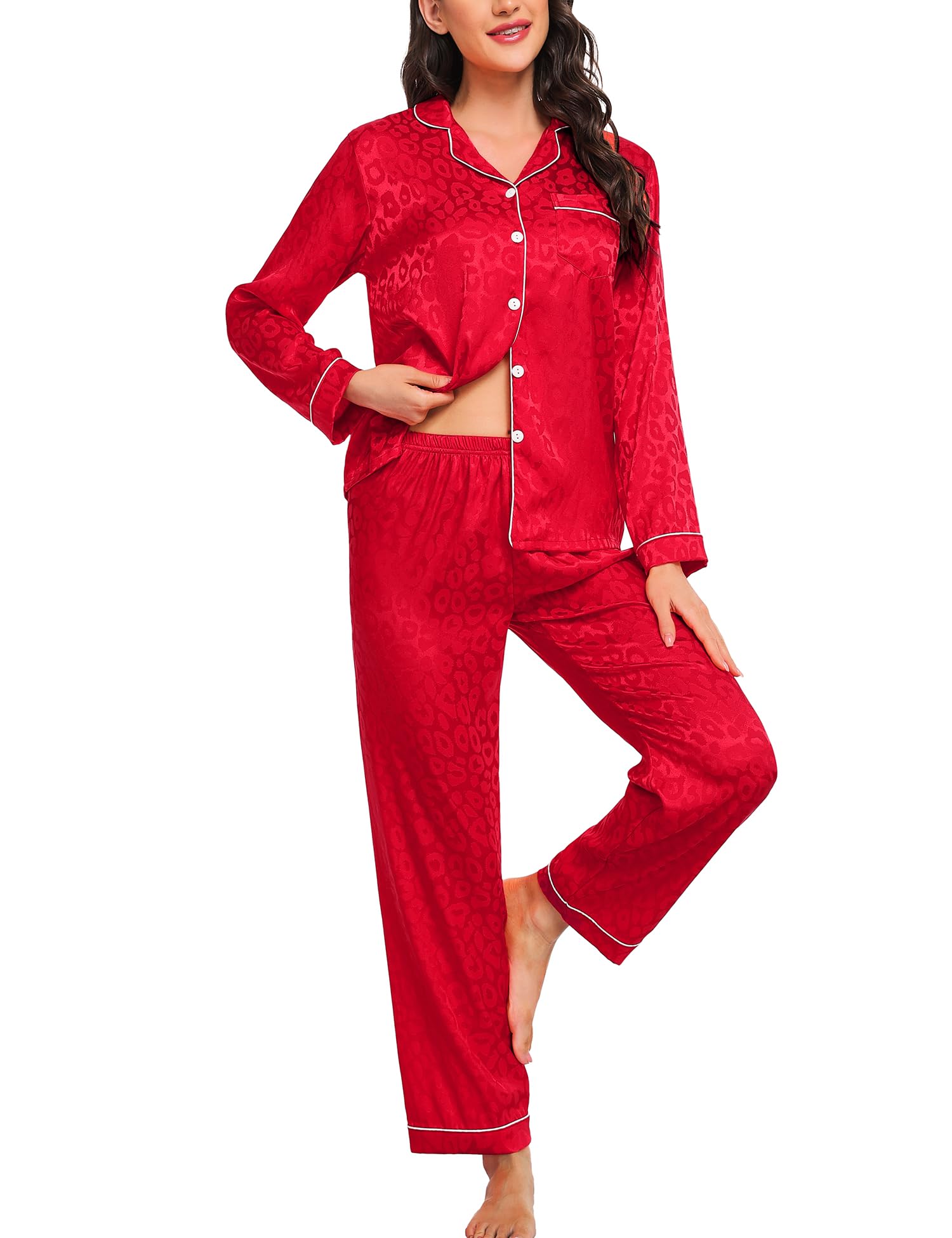 SWOMOG Womens Silk Satin Pajamas Set Long Sleeve Button Down Sleepwear 2 Piece Lounge Set Pj Set XS-3XL