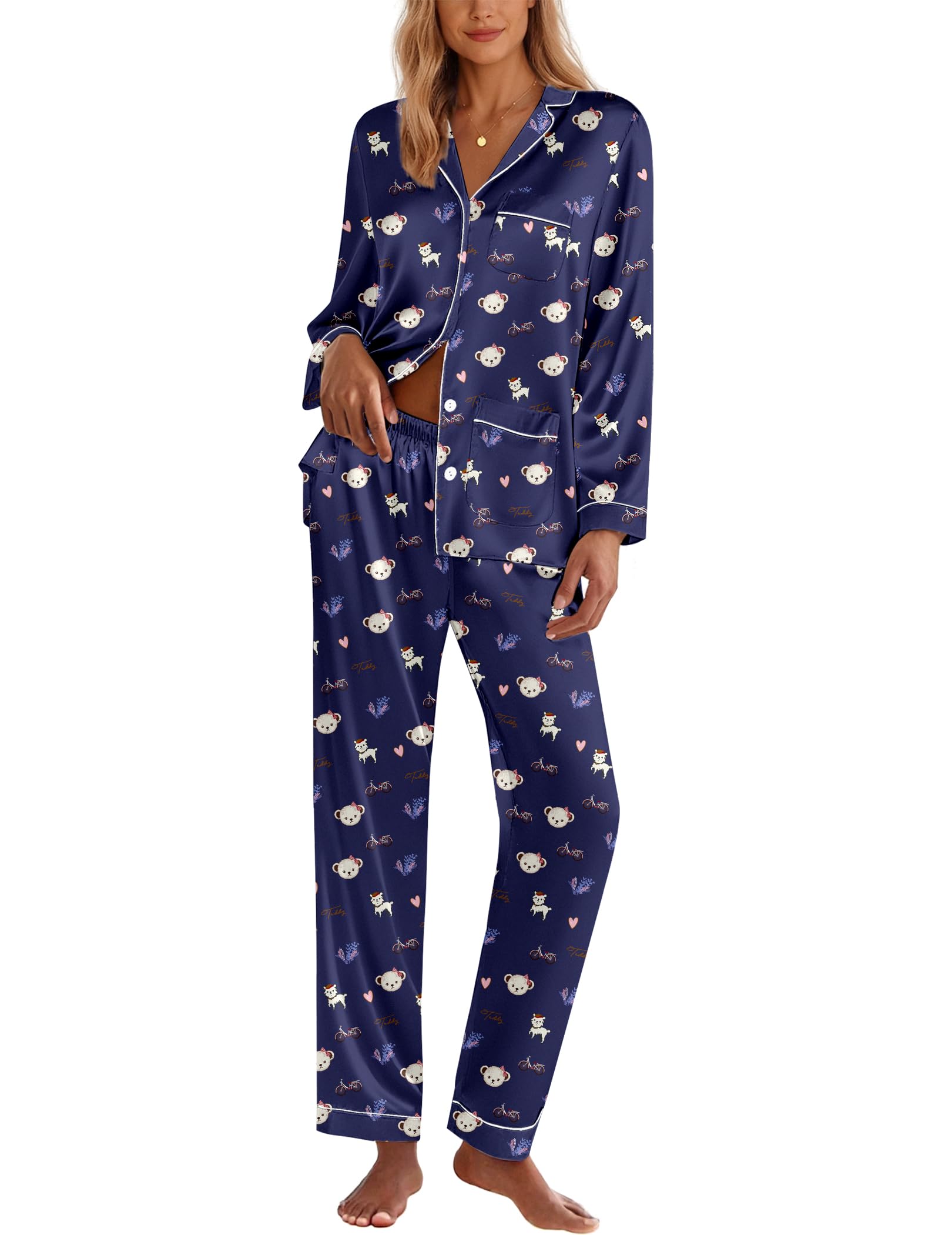 Ekouaer Pajamas for Women Silk Satin Button Down Long Sleeve Pajama Sets