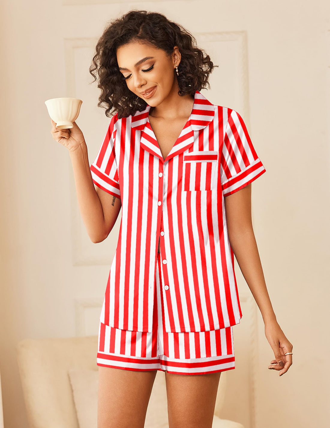 Ekouaer Silk Pajamas for Women Button Up 2 Piece Satin Pjs Shorts Set
