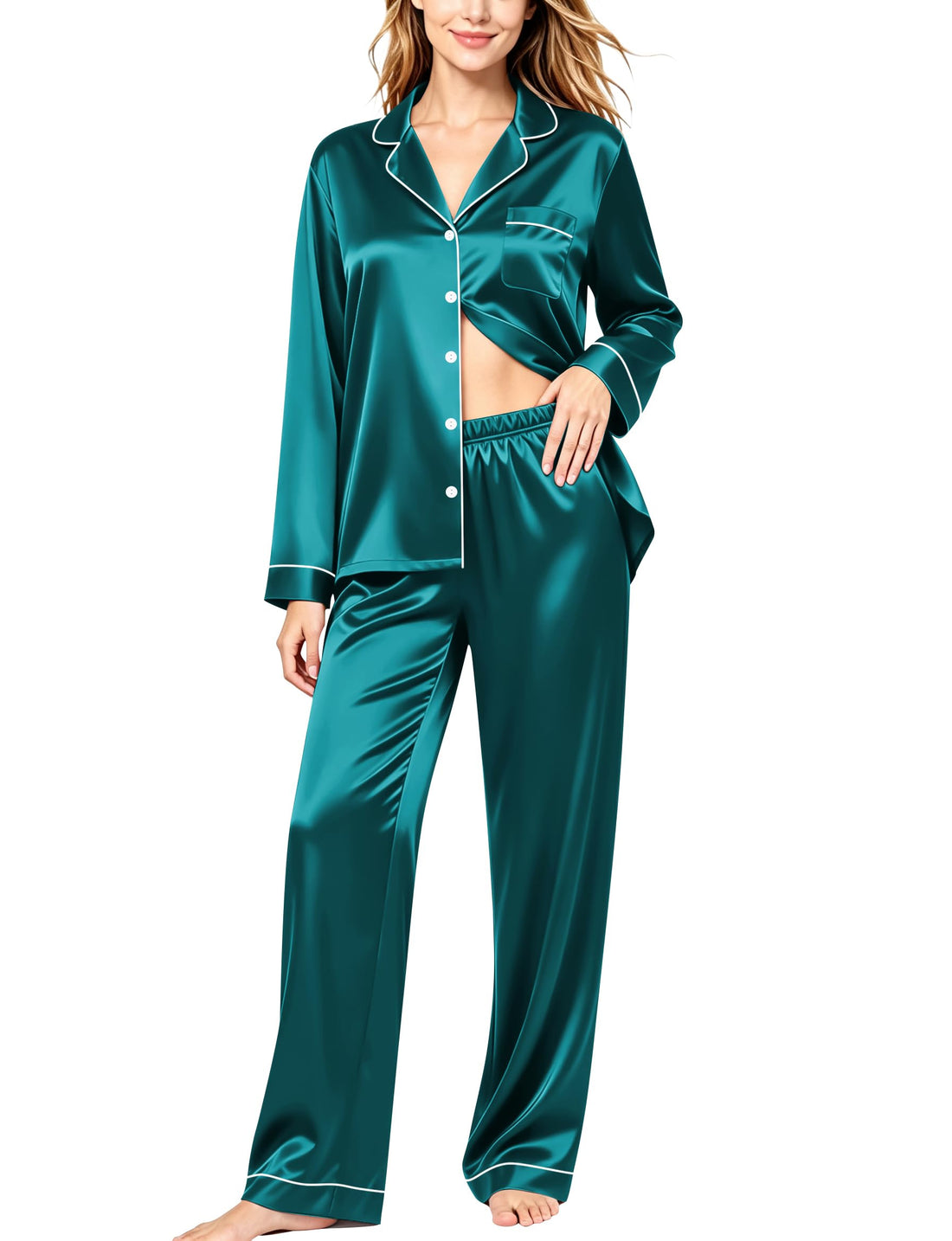 SWOMOG Womens Silk Satin Pajamas Set Long Sleeve Button Down Sleepwear 2 Piece Lounge Set Pj Set XS-3XL