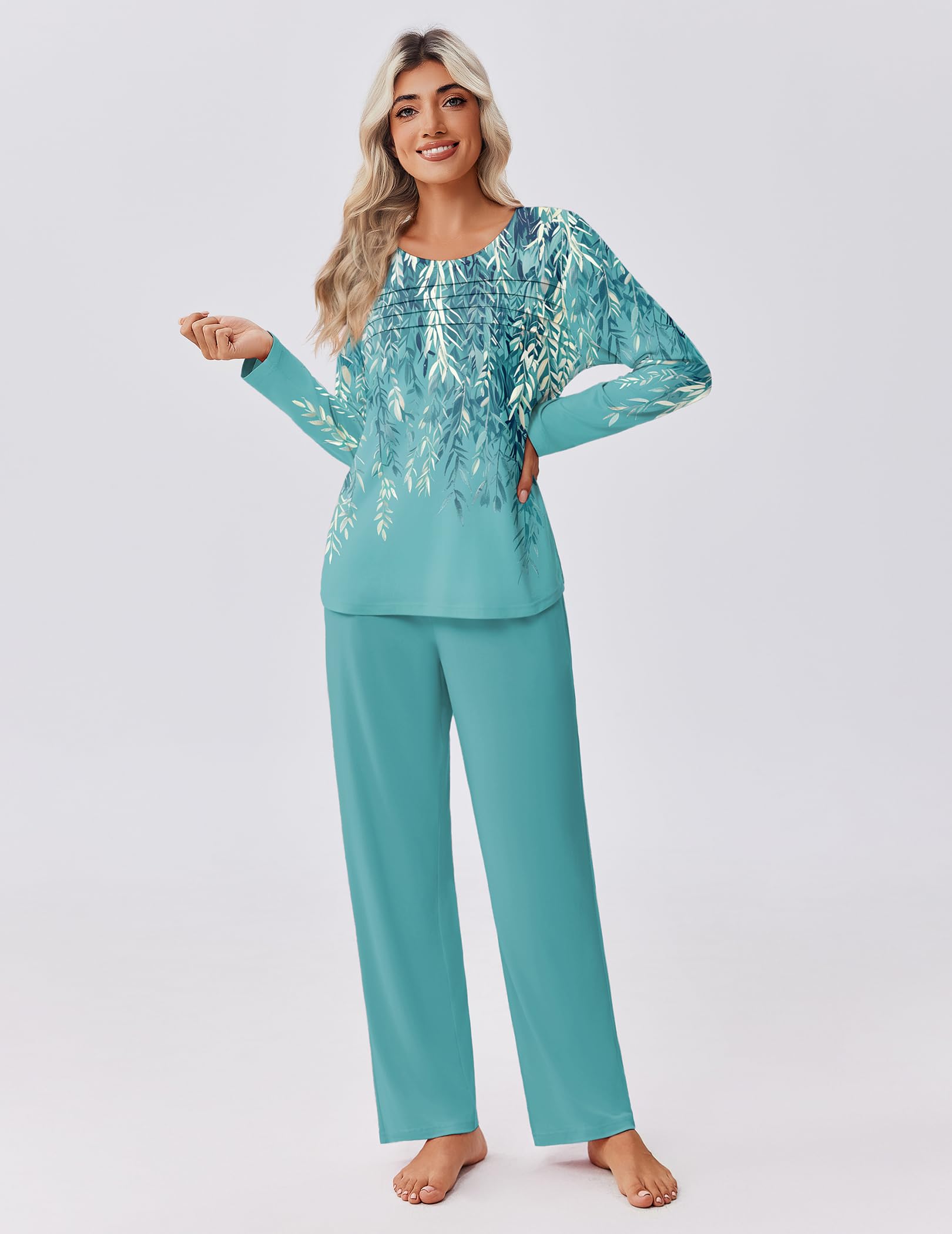 Ekouaer Womens Pajama Sets Pleated Tops with Long Sleeve Fall Lounge Set