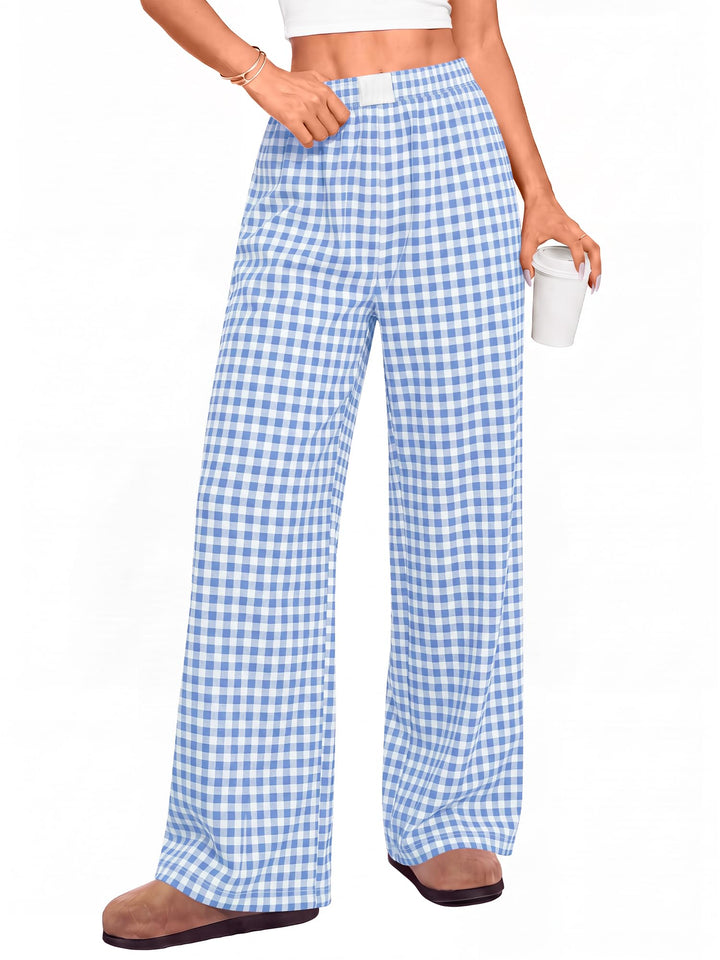 Anbech Womens Gingham Pants Pajama Bottoms Wide Leg Palazzo Cotton Pants