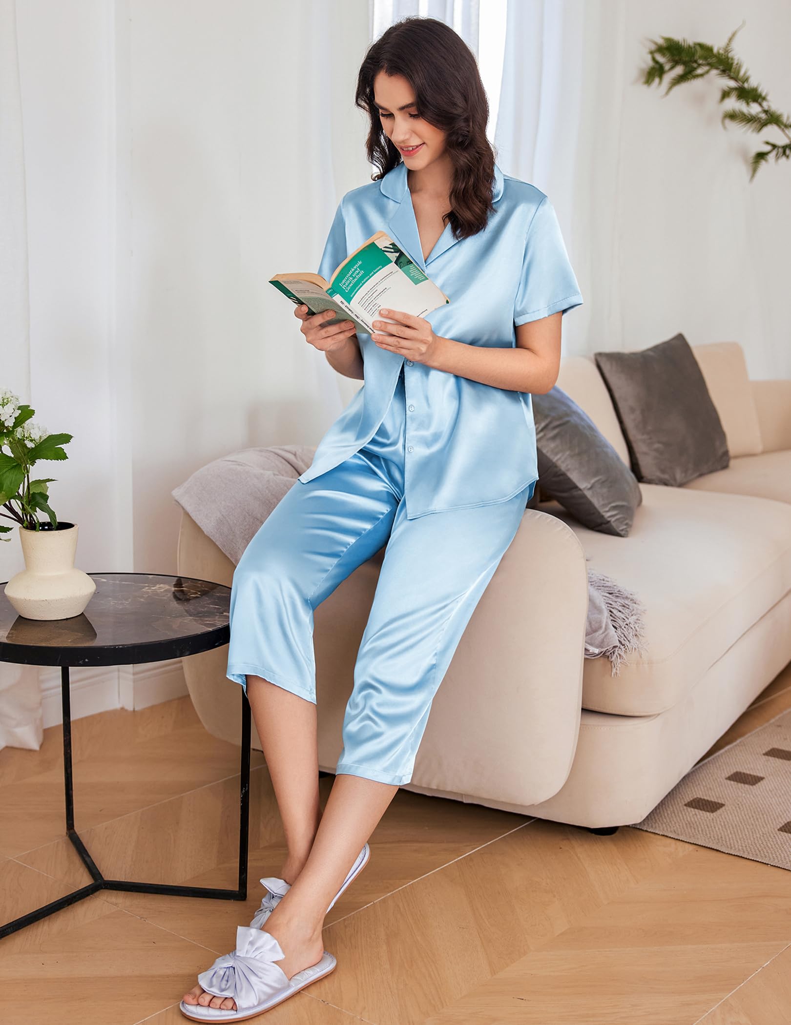 Ekouaer Womens Satin Silky Capri Pajamas Short Sleeve Button Down Sleepwear