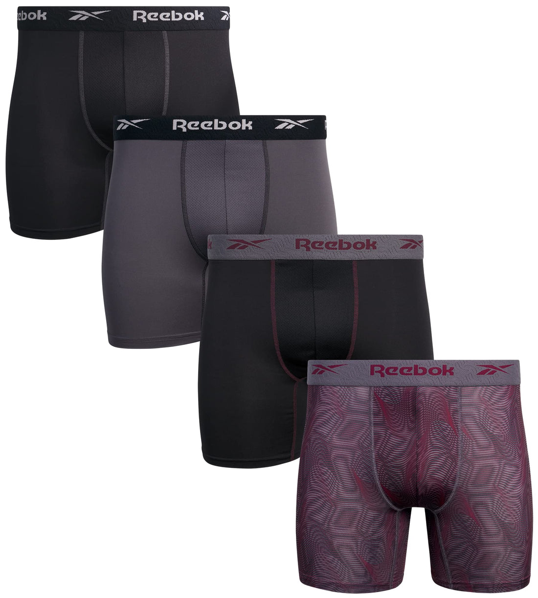 Reebok Mens Boxer Briefs - 4 Pack Underwear with Contour Pouch, 6'' Inseam | Athletic Stretch Performance Moisture-Wicking Fabric, No Fly Pouch, Tag-Free Waistband