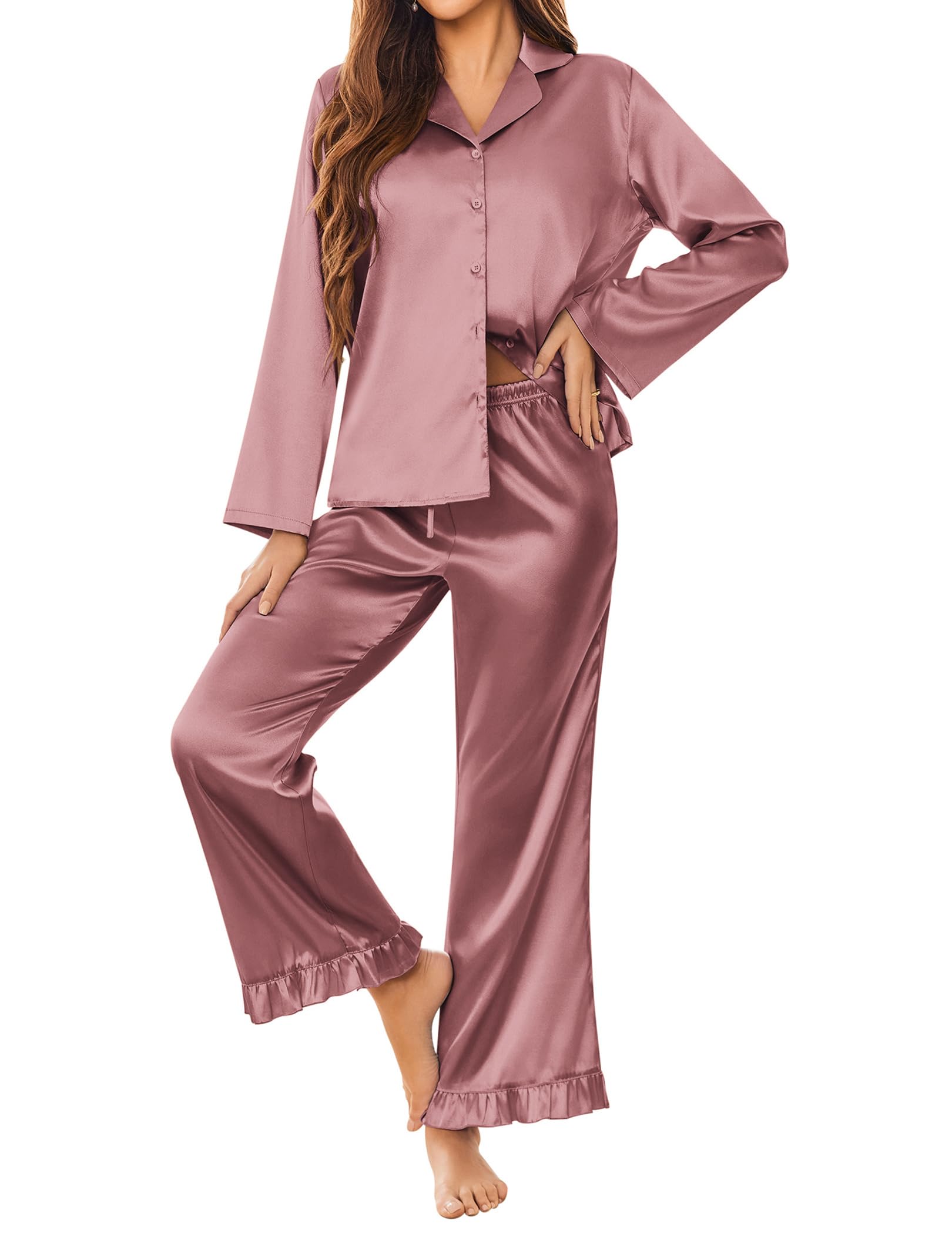 Ekouaer Satin Pajama Set for Women Long Button Down Silk Pj with Ruffle