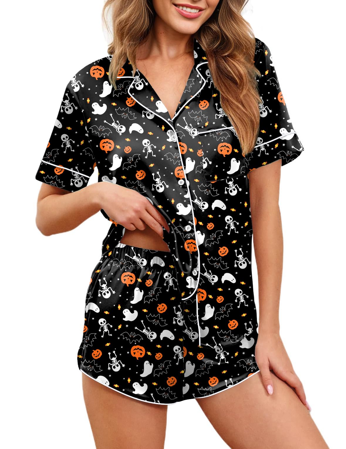 Ekouaer Womens Silk Satin Pajamas Set Short Sleeve Sleepwear S-5X Plus Size