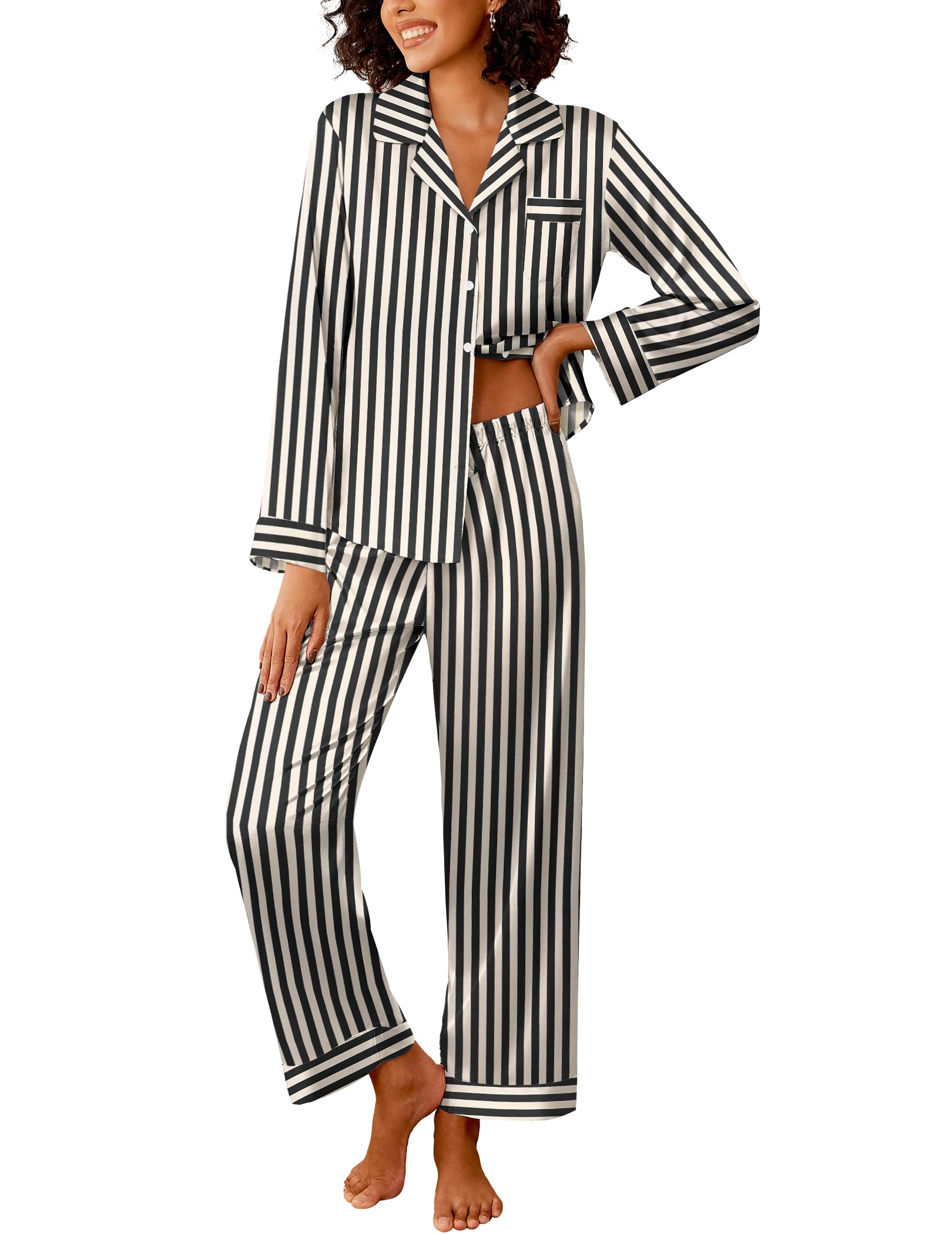 Ekouaer Womens Silk Satin Pajama Sets 2 Piece Pjs Set Stripe Sleepwear