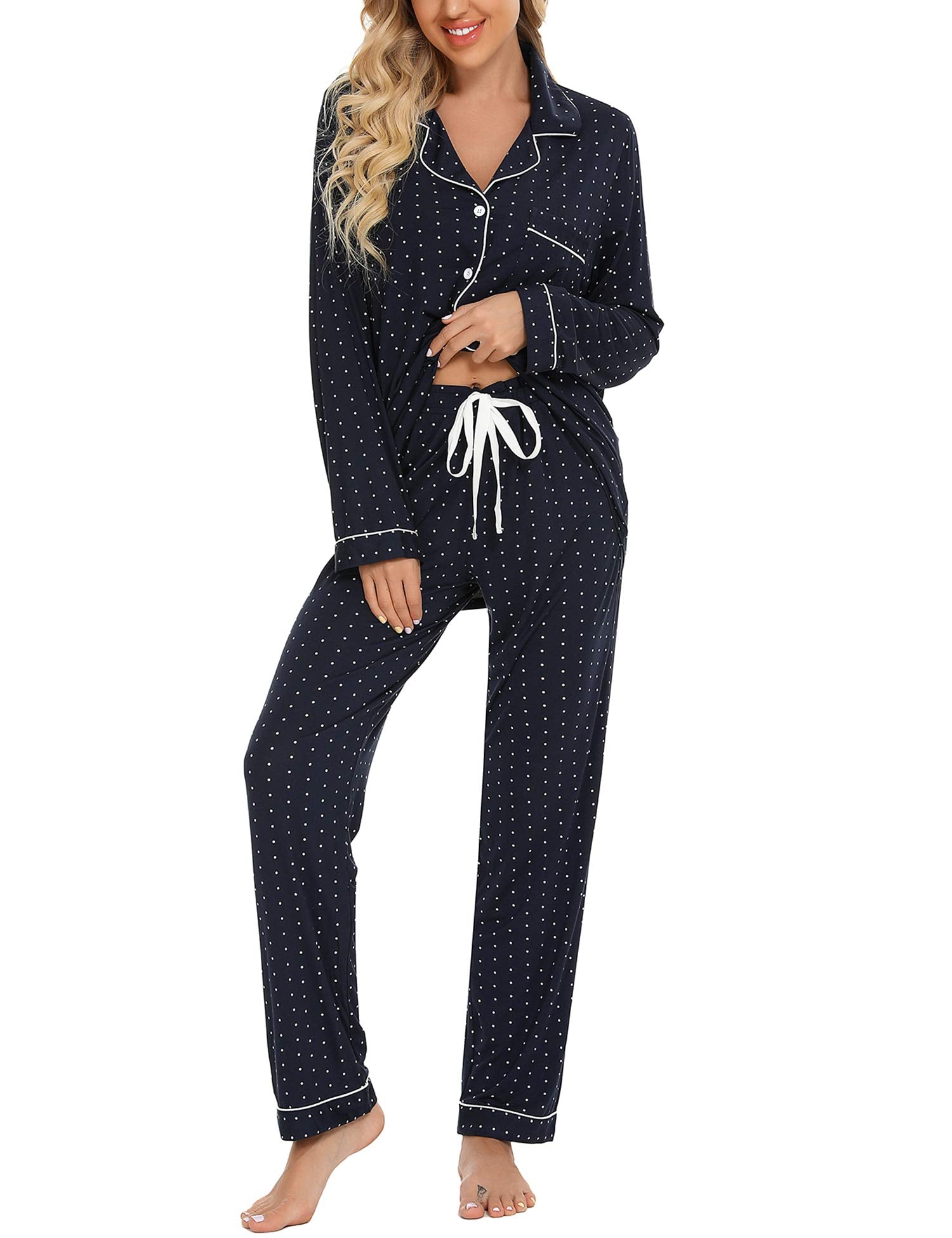 Senert Pajamas Set For Women Long Sleeve Sleepwear with Pocket Soft Button Down Shirt Long Pants Pj Lounge Sets S-XXL