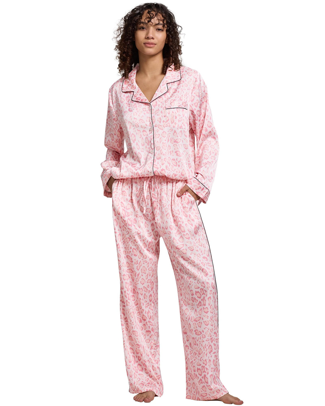YiNi LuLu Womens Silk Satin Pajamas Set Button Down 2 Piece Pjs Long Sleeve Oversized Sleepwear with Pockets