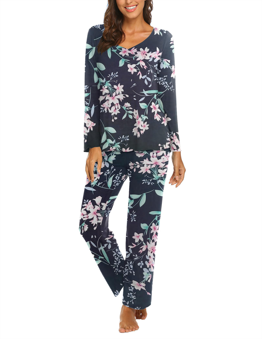 Ekouaer Pajamas for Women Set Long Sleeve Pleated Top and Pants Loungewear