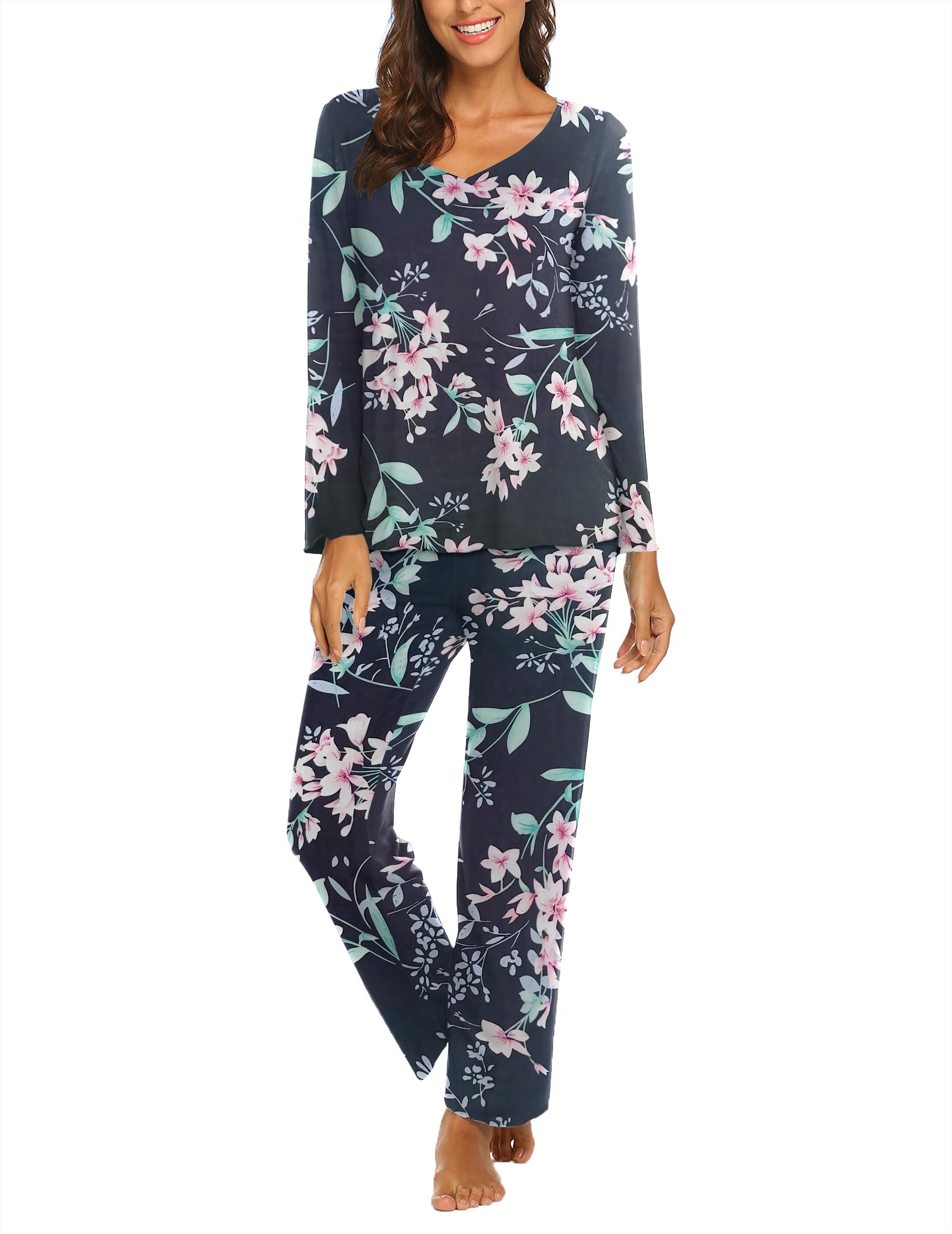 Ekouaer Pajamas for Women Set Long Sleeve Pleated Top and Pants Loungewear
